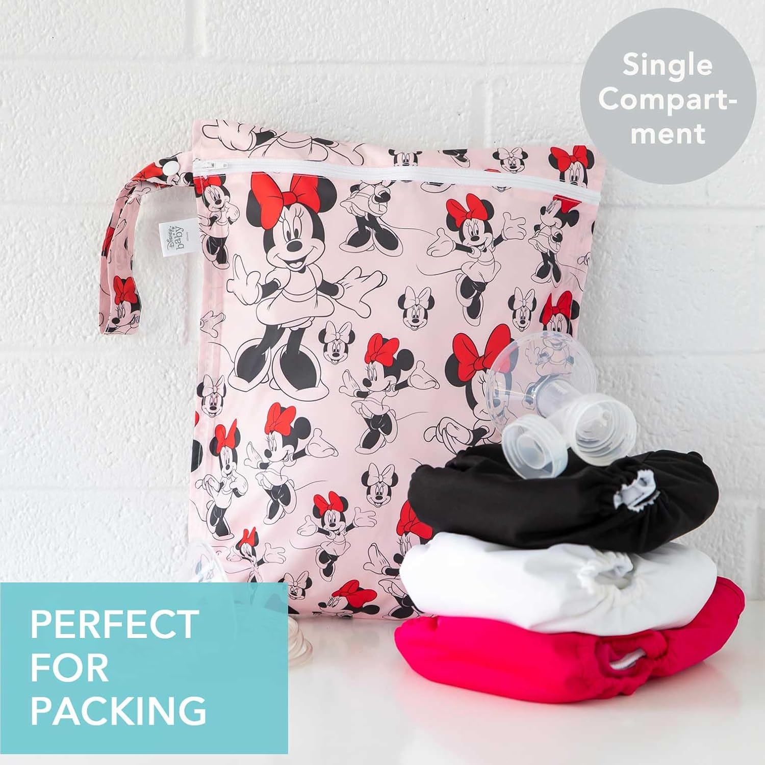 Bumkins Disney Waterproof Wet Bag 12X14, Washable, Reusable for Travel, Beach, Pool, Stroller, Diapers, Dirty Gym Clothes, Wet Swimsuits, Toiletries, Electronics, Toys - Minnie Mouse Classic image number 2