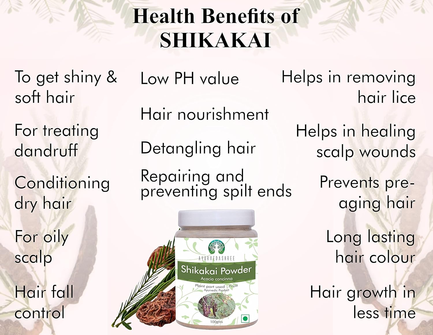 AYURVEDASHREE Shikakai Powder 100 Gm Acacia Concinna Fruit Pods Powder Natural Hair Cleanser & Conditioner Vegan Non Gmo Vegan image number 1