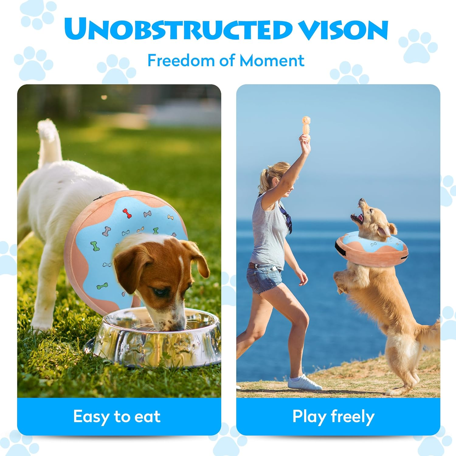 Inflatable Recovery Dog Cone, Protection Dount Collar for Small Medium Large Dogs, Adjustable Soft E-Collar for Dogs and Cats after Surgery, Cute Dog Bone Pattern (Blue, Medium-Plus)