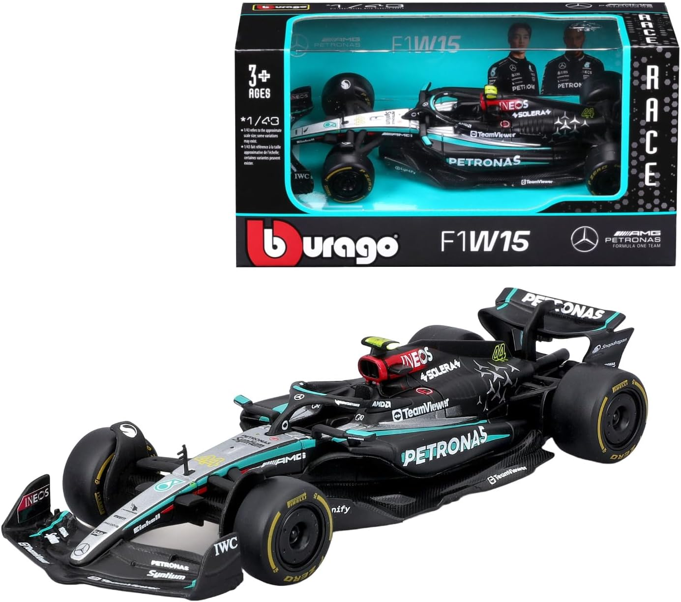 Burago BBURAGO- Mercedes-Amg F1 W15 E Performance (Hamilton) -1:43, Colour Black, Grey, 18-38208 (#44)
