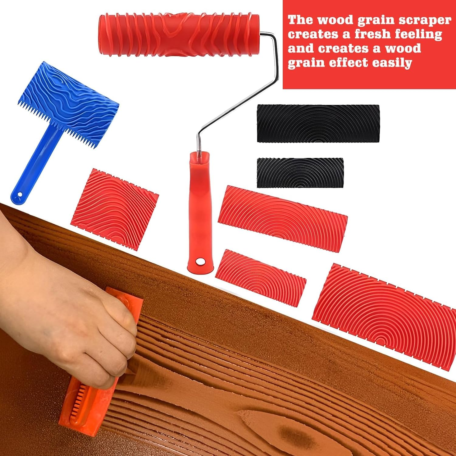 QYINXIU Wood Grain Rollers Tool Set, 8 Pcs Wood Grain Roller Painting Tool with Handle DIY Rubber Graining Tool Paint Look like Wood Graining Tool Combo for Wall, Floor, Furniture Decor image number 1
