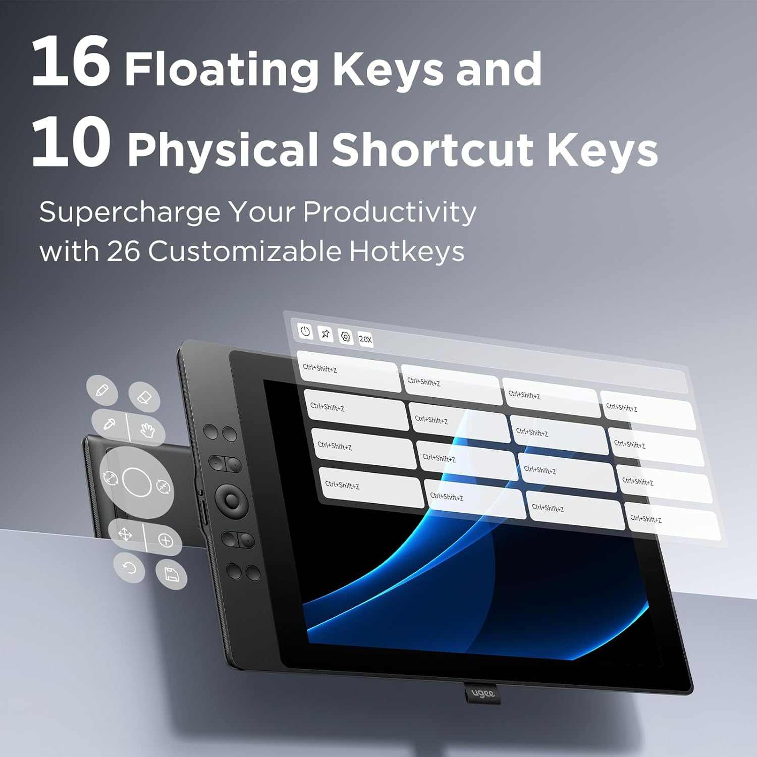 UGEE 15.4 Inch Drawing Tablet with Screen，143% Srgb UE16 Computer Graphics Tablet with Full-Laminated Screen 8+1 Hot Keys 16K Level Pressure Battery-Free Stylus，Drawing Pad for Pc/Windows/Mac/Android image number 4