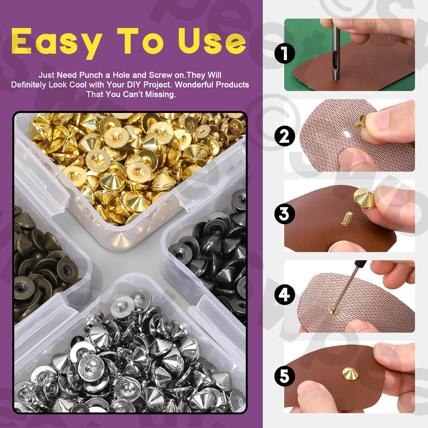 Swpeet 102Pcs Bronze Color Cone Spikes and Studs Kit with Hole Punch and Screwdriver, Back Leather Craft Rapid Rivet Screws, Spikes Bullet Cone Spikes Screw for Clothing Shoes Leather Craft image number 2