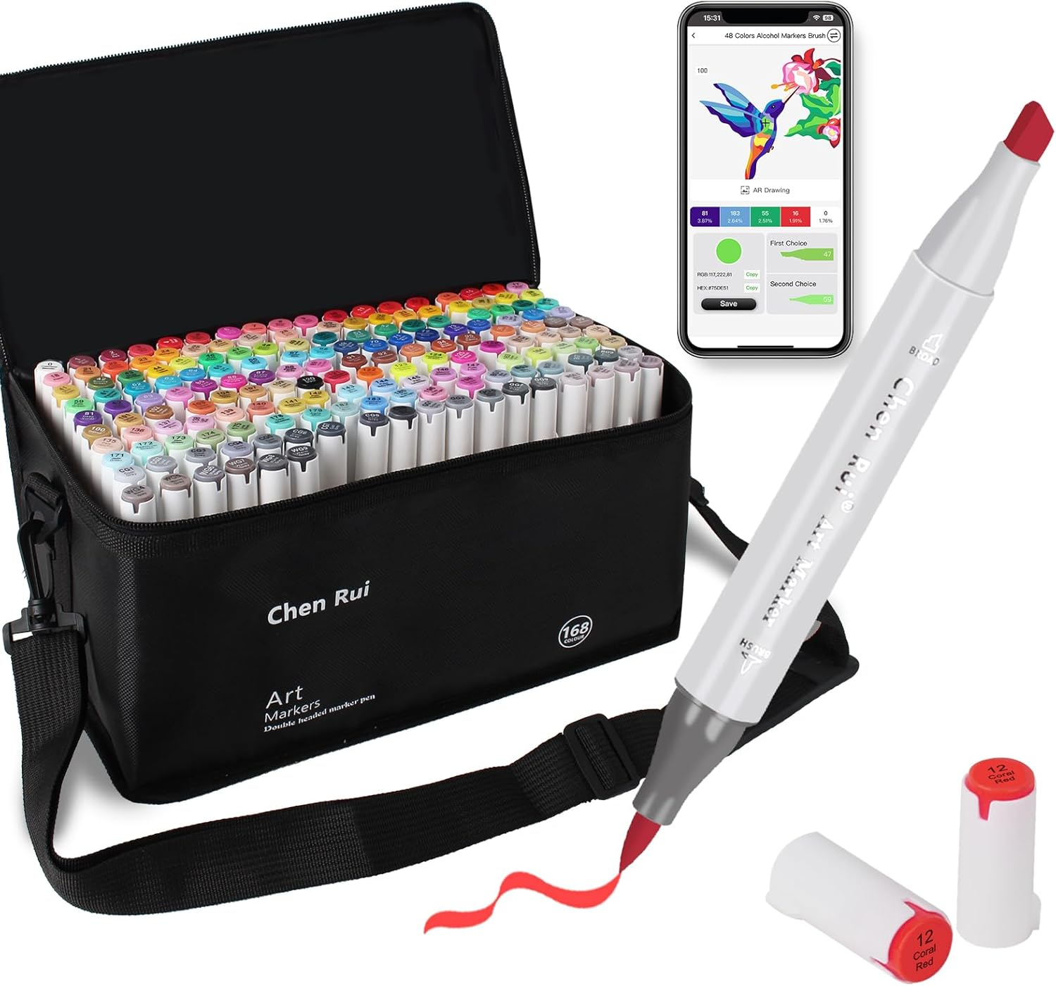 168 Colors Alcohol Brush Markers with Free App,Dual Brush & Chisel Tips Blender Art Markers for Adults and Kids, Alcohol Based Markers Dual Tips for Painting, Sketching, Drawing