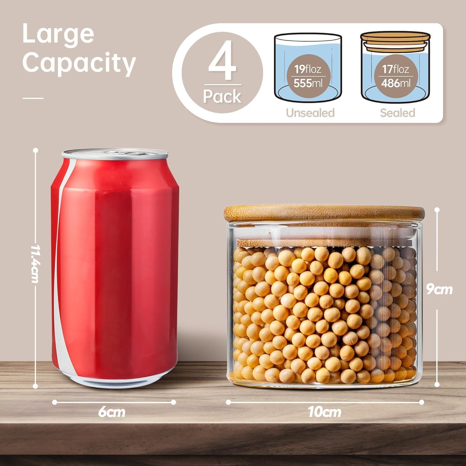 17Oz - 4 Pack Glass Jars with Bamboo Lids, Glass Food Storage Containers with Airtight Lids, Air Tight Pantry Storage Containers for Coffee, Sugar, Spice, Meal Prep Jars for Salad & Fruit