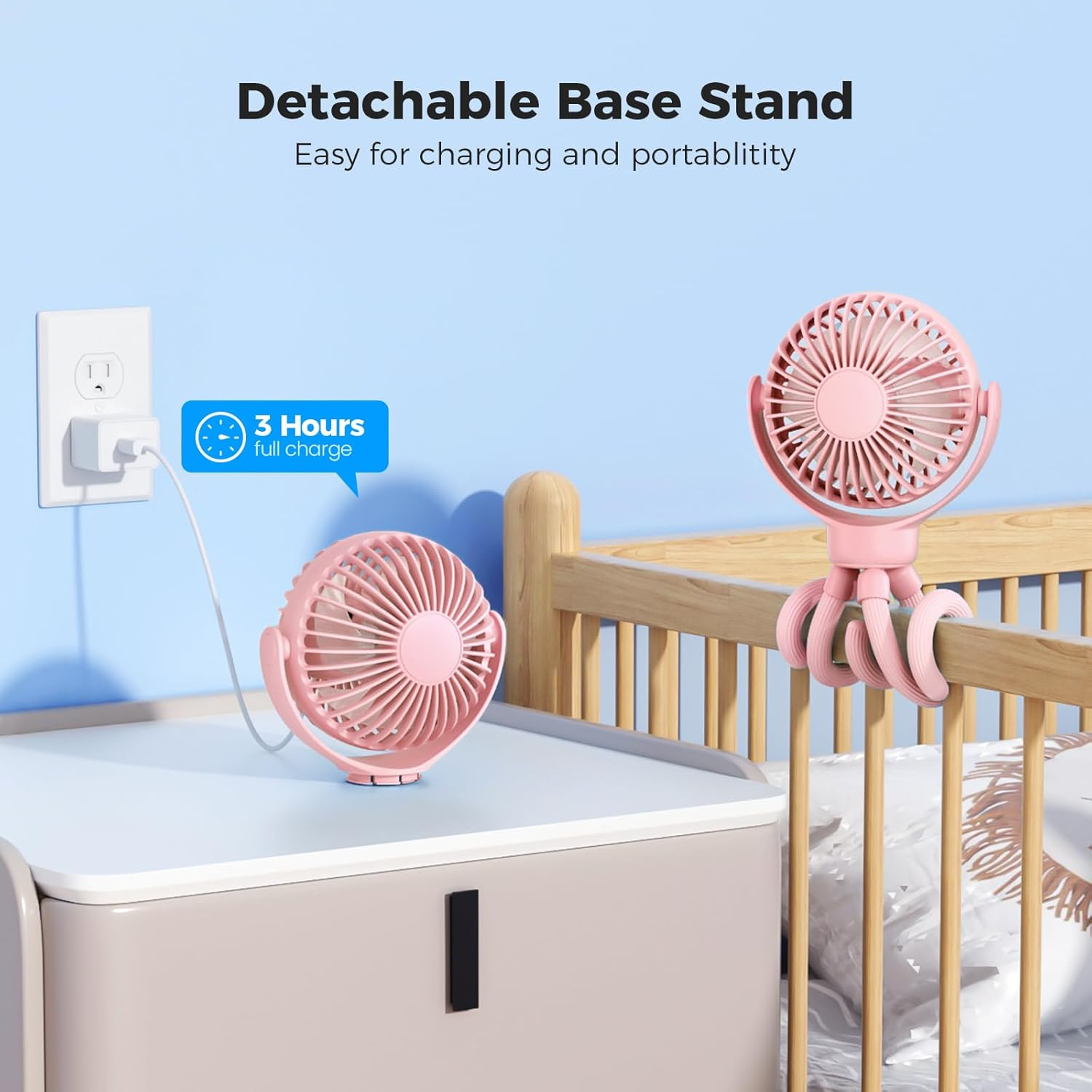 VETIFINAL Portable Baby Stroller Fan - 3-Speed Flexible Tripod Personal Fan Clip on for Bed, Rechargeable Battery Powered, Newborn Summer Cooling Essentials for Car Seat, Bike, Sleep, Travel (Pink)