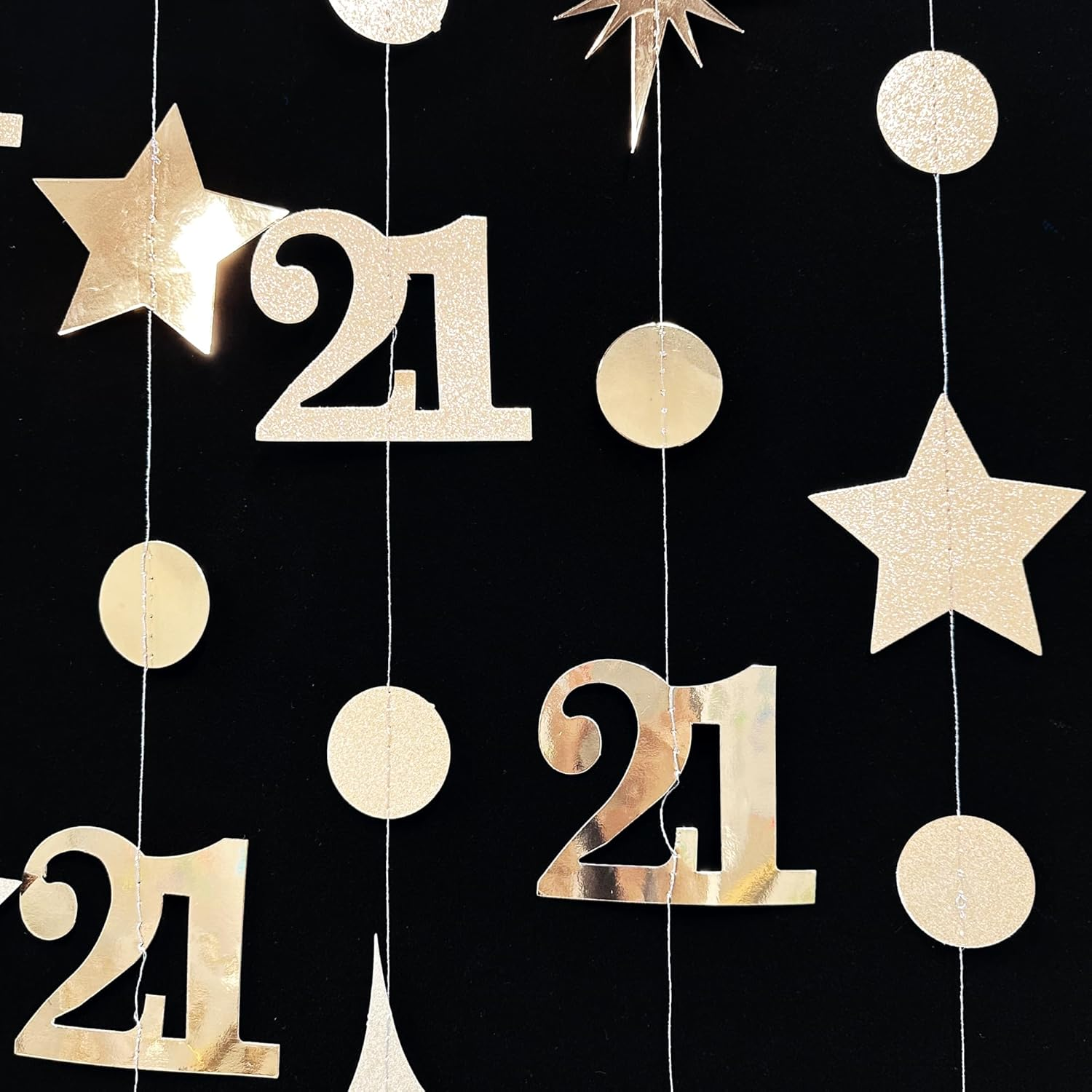 Champagne Gold 21St Circle Dot Star Streamer Garland Metallic Glitter Paper Number 21 Hanging Banner for Boys Girls Happy 21 Years Old Finally Legal Twenty One Birthday Anniversary Party Decorations image number 4