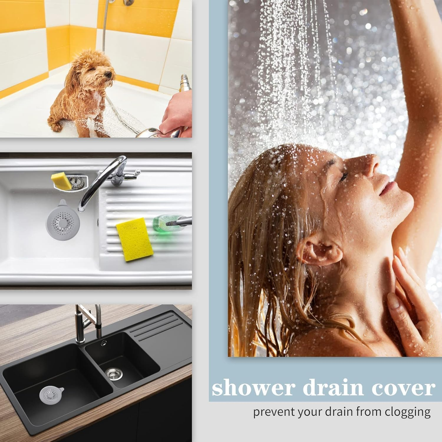 2 Pack Shower Drain Cover Hair Catcher with Suction Cups Foldable Sink Strainer Plug Trap Filter Silicone Shower Hair Trap Sink Strainer Protector for Sinks Kitchen Baths Bathtub Showers Black + Grey