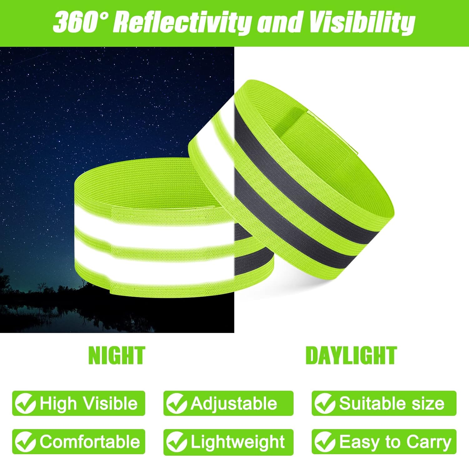 Zubebe 48 Pieces Reflective Bands Reflector Bands for Wrist, Arm, Ankle, Leg, High Visibility Reflective Gear Safety Reflector Tape Straps for Night Walking, Cycling and Running - Green image number 6