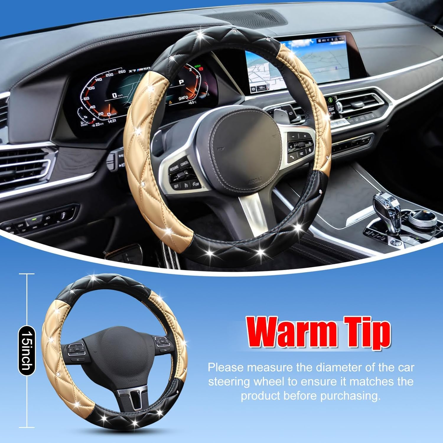 Superkaka Black and Gold Steering Wheel Cover, Auto Cute Diamond Bling Soft Comfort Leather Car Interior Accessories Protector Sparkly Fit Most O-Shaped Steering Wheels image number 6