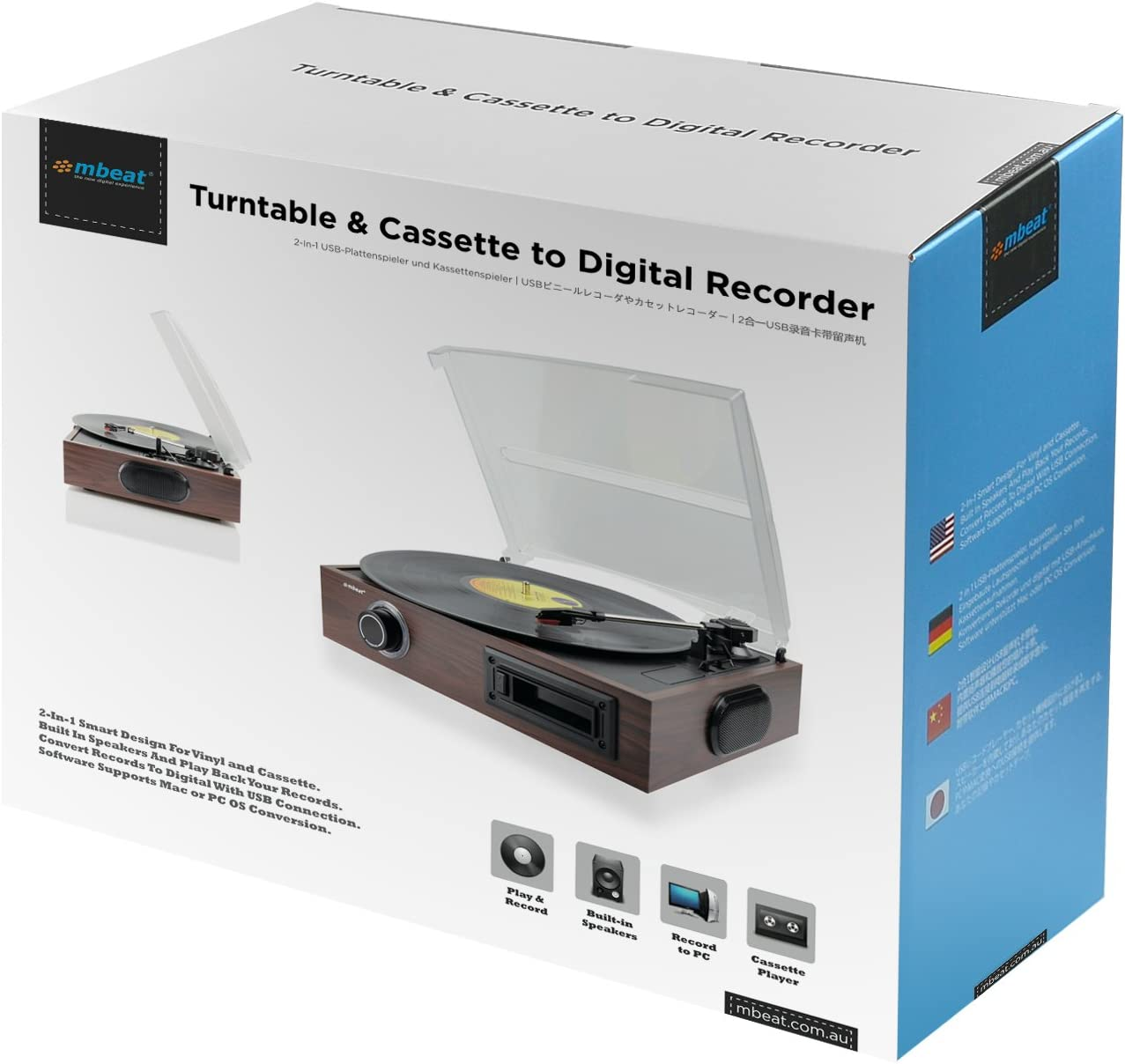 Mbeat Wooden 2-In-1 USB Turntable Record Player and Cassette Digital Recorder Built-In Speakers image number 4