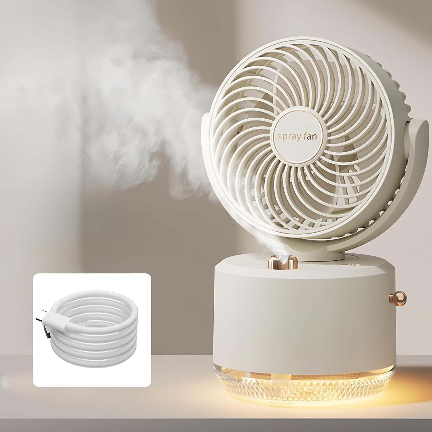 Desk Fan with Spray Portable Rechargeable Small Fans for Bedroom,Usb Oscillating Cooling Table Fan Long Time Work,Personal Electric Cold Air Portable Fan for Desk (Beige)