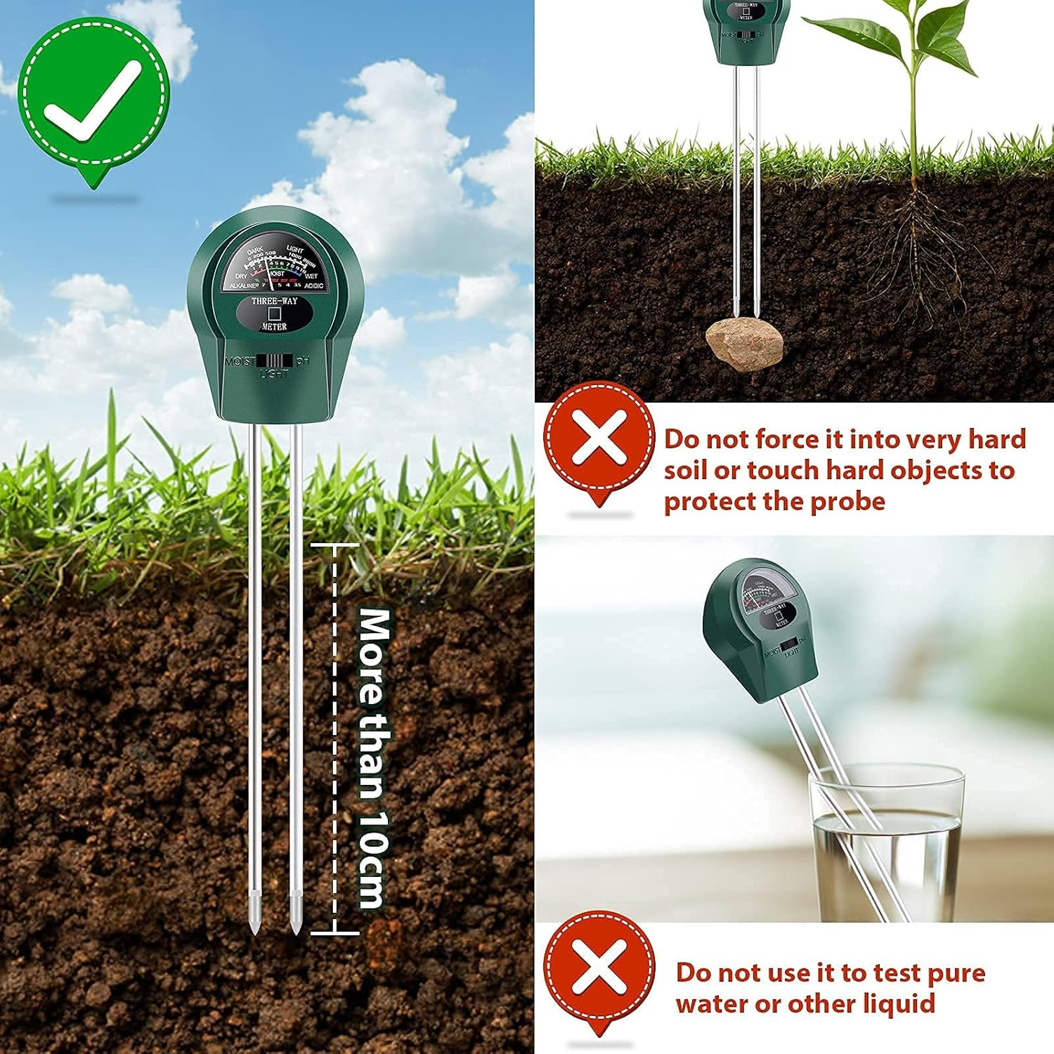 JESWO Plant Soil Moisture Meter, Soil PH Tester, Photometer, 3-In-1 Hygrometer for Gardening, Farming,Plants, No Batteries Required image number 1