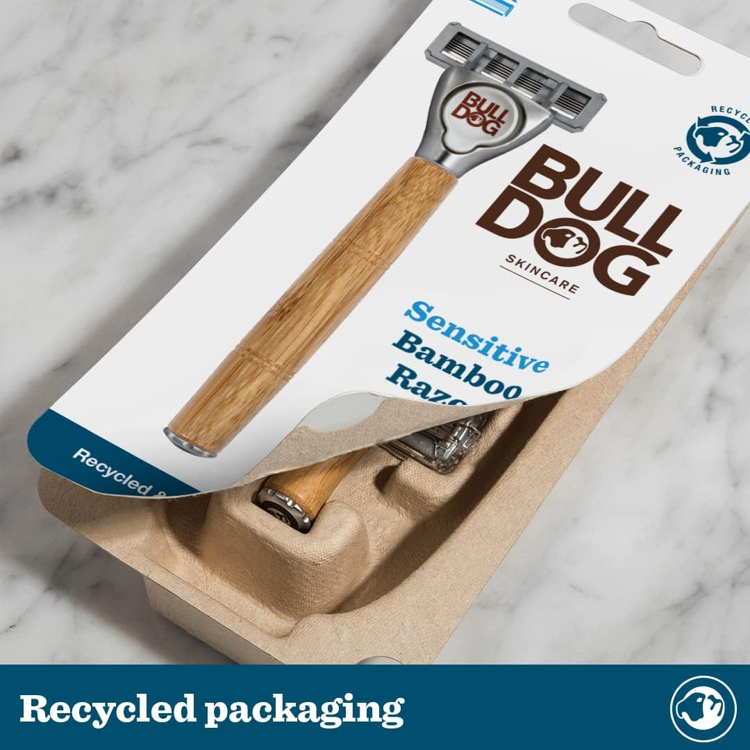 BULLDOG Skincare for Men - Sensitive Bamboo Razor | Reduce Irritation | Recycled Packaging | Lubricating Lube Strip with Baobab | 1 Bamboo Handle and 2 Replacment Blades