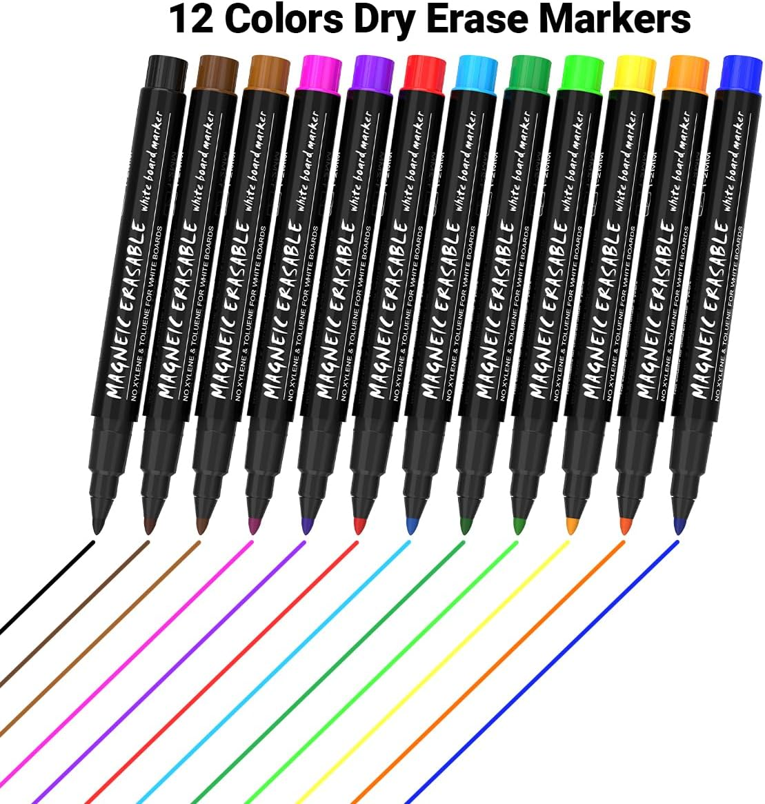 JR.WHITE Magnetic Dry Erase Markers, Fine Point Tip, 12 Colors, Low Odor, White Board Markers with Eraser Cap, Safe for Kids, Teachers, Office & School Supplies image number 3
