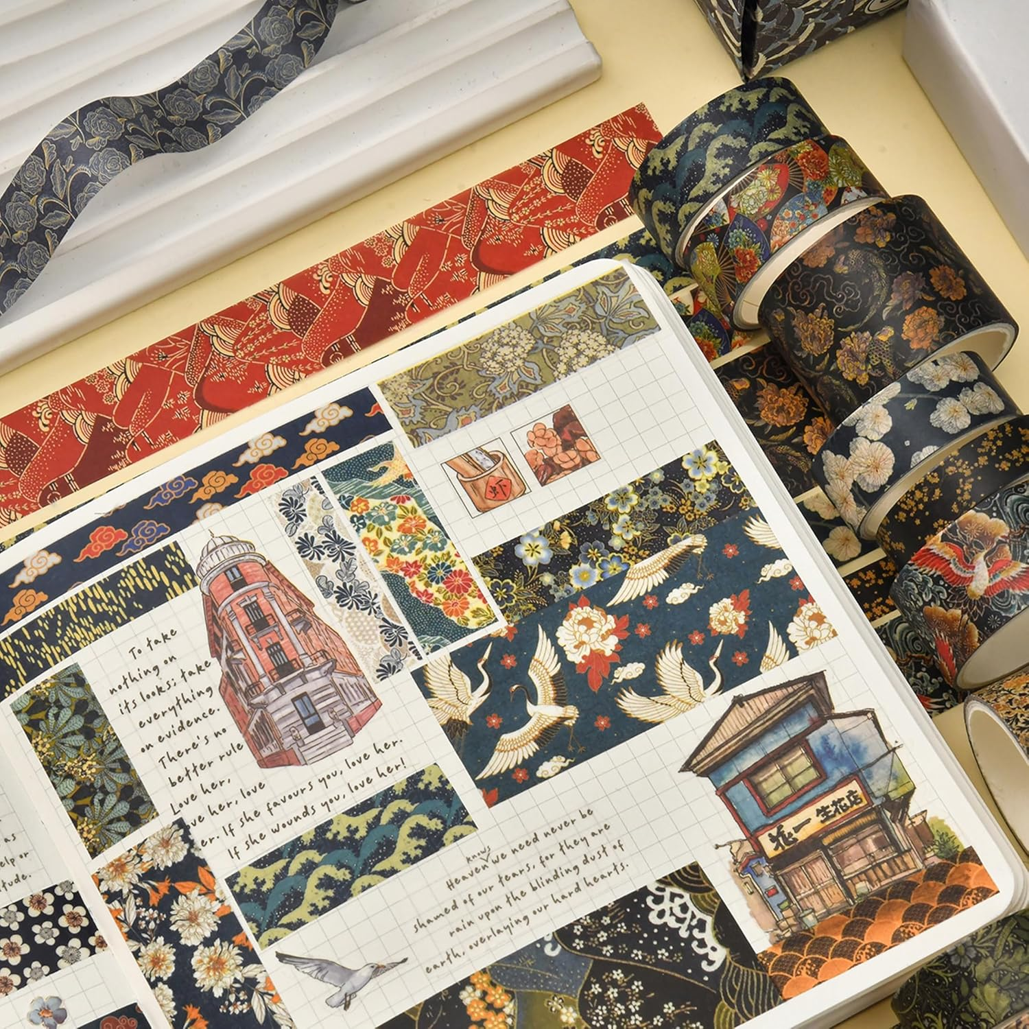 KAVI' S 12 Rolls Kyoto Charm Washi Tape Set Japanese Arts Adhesive Tapes Geometric Garden Decorative Masking Tape Sets for Craft, Kids, Scrapbook, DIY, Gift Wrapping (Black Elegance) - Black Elegance image number 5