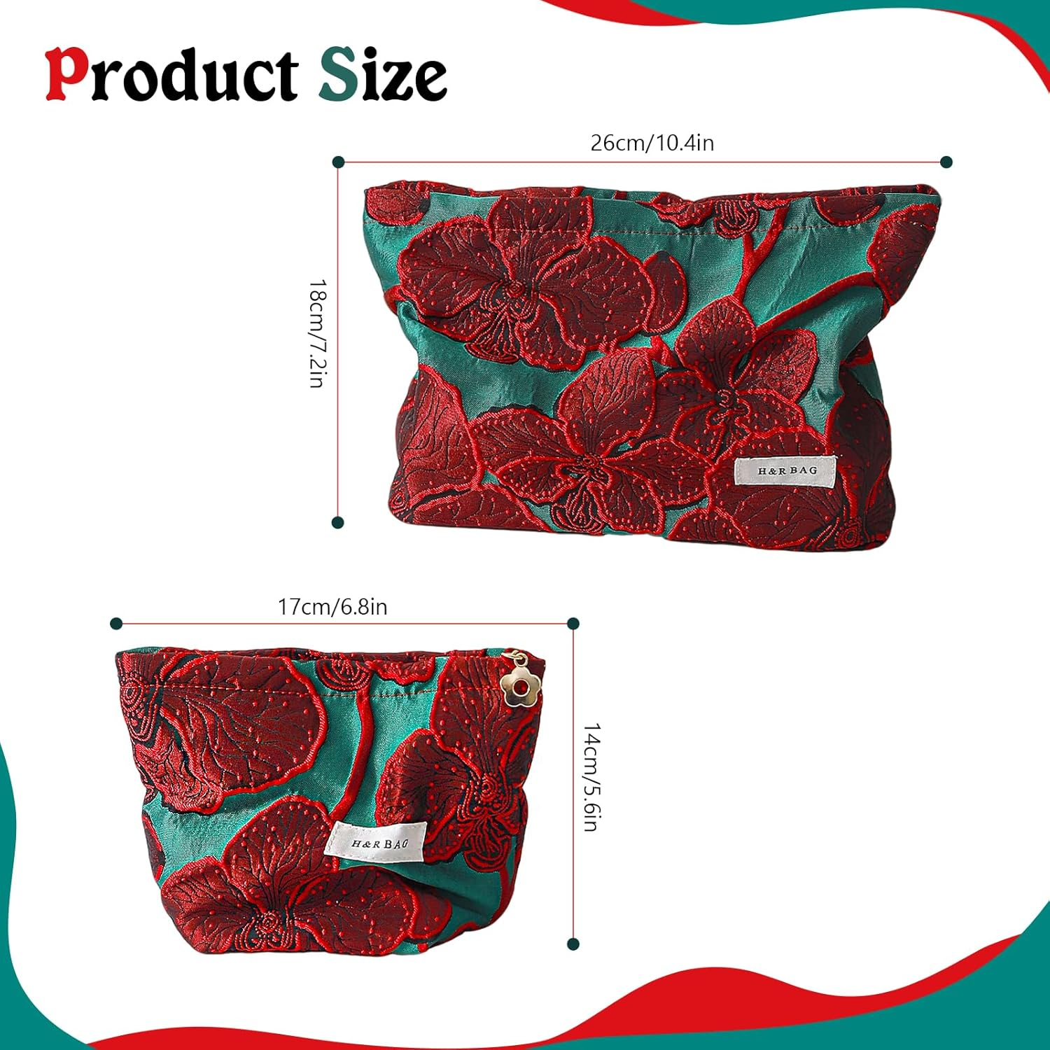 [2-Pack] Vintage Chinese Red Jacquard Makeup Bags Set - Large & Small Travel Cosmetic Organizer Pouches for Women (17Cm & 26Cm) image number 6