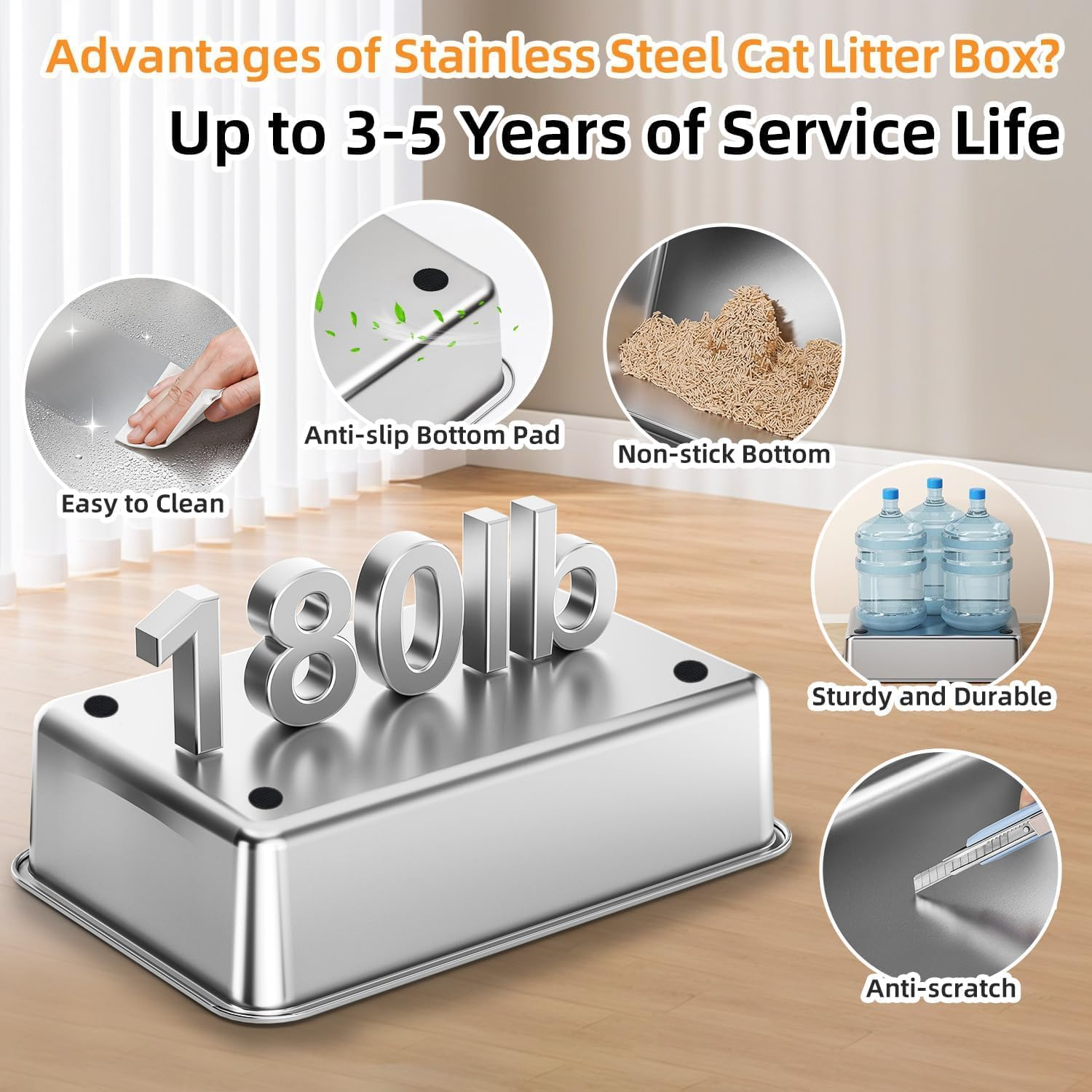 XXL Stainless Steel Cat Litter Box with Lid, Enclosed Metal Kitty Toilet, Front Entry & Top Exit, Scoop & Mat Included, Leak-Proof, Easy Clean image number 4