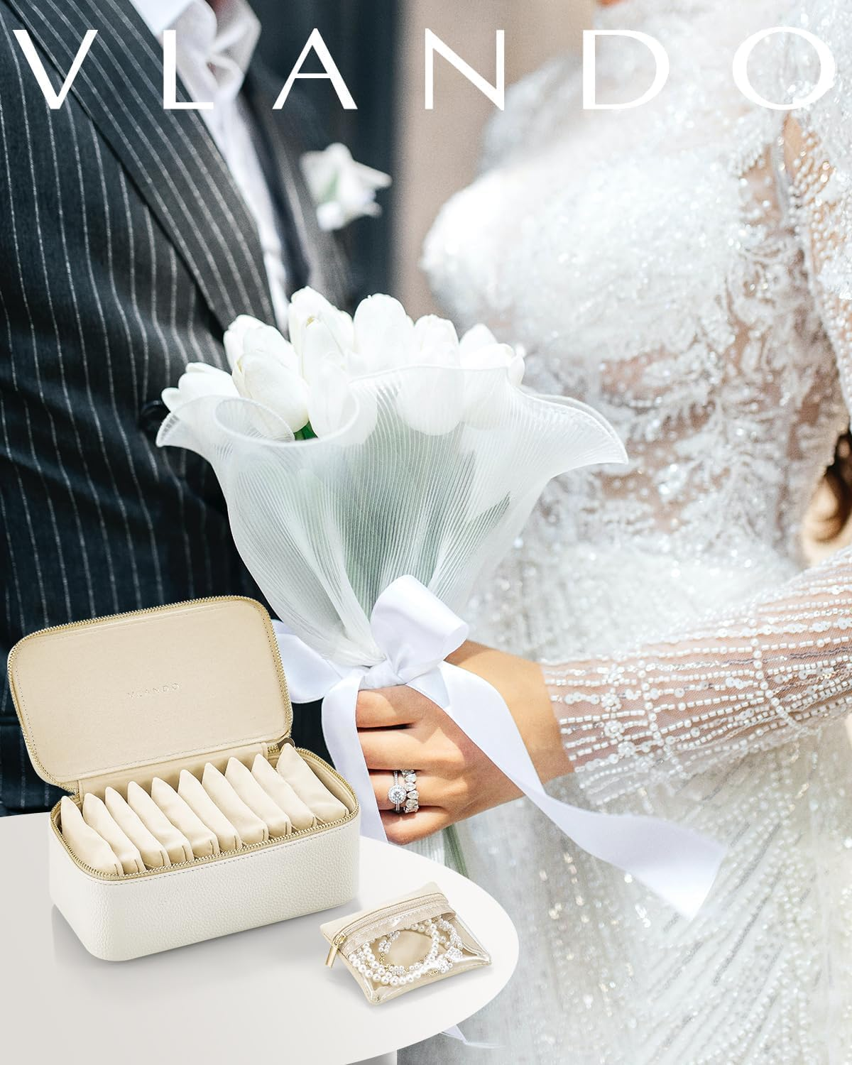 Vlando Travel Jewellery Organiser,Pu Leather Jewellery Box with 12 Velvet Jewellery Pouch, Jewellery Case for Necklace,Ring, Gifts for Women, White-L image number 2