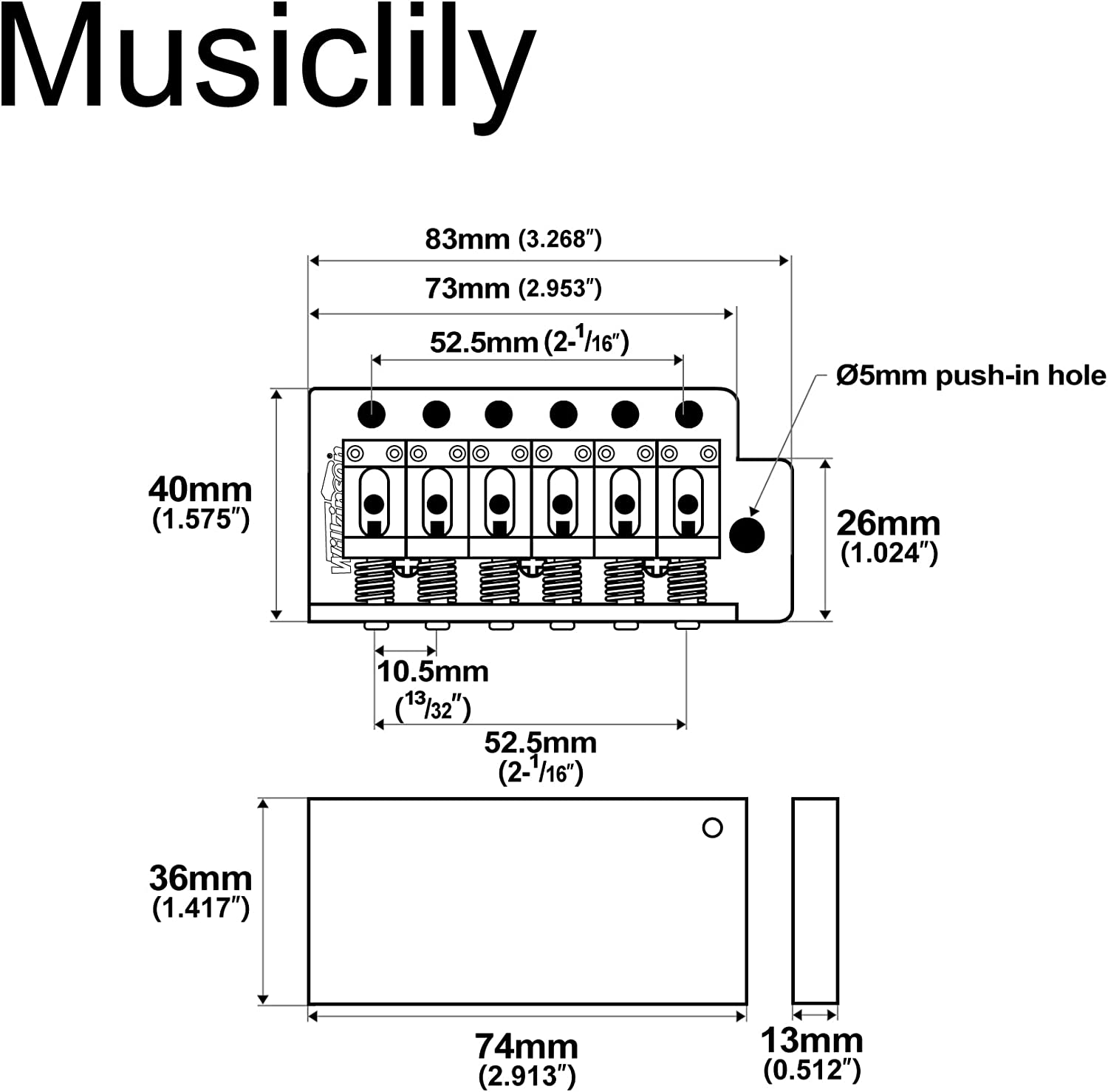 Wilkinson 52.5Mm(2-1/16 Inch) Vintage Style Full Block ST Guitar Tremolo Bridge Pop-In Arm 6 Screws for Squier/Mexico Fender Strat, Chrome image number 1