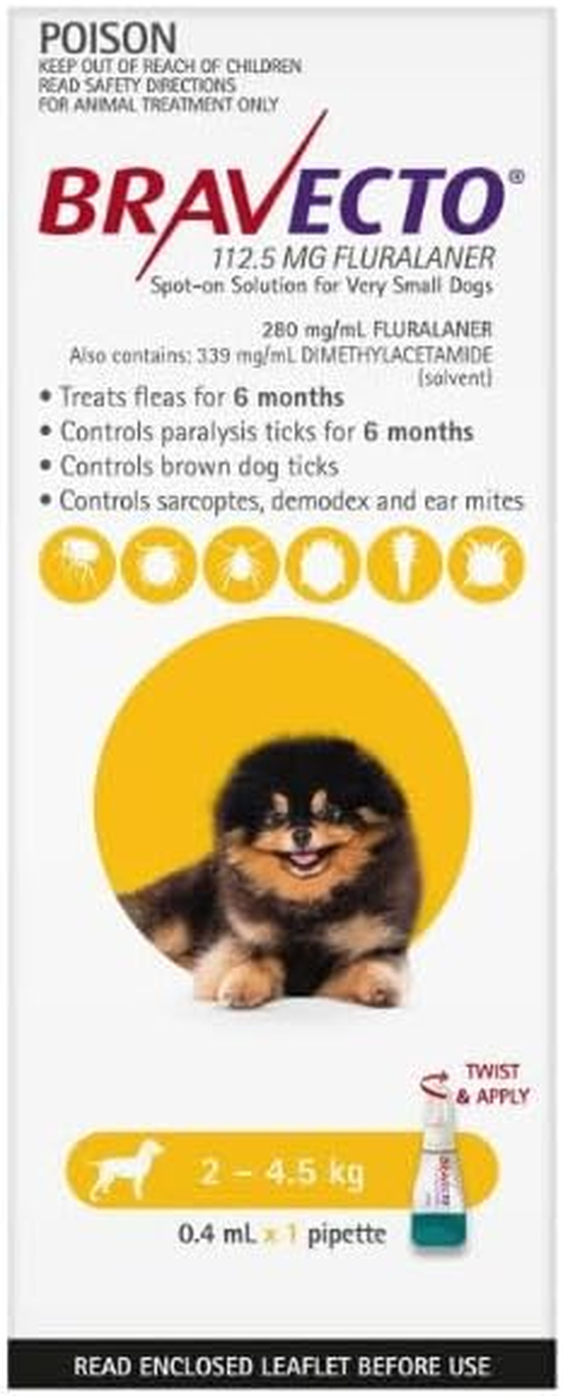 Bravecto Spot on for Toy Dogs 2-4.5Kg Yellow 2 Pipettes