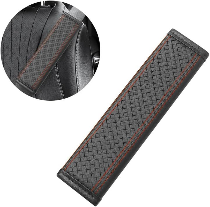 2PCS Car Seat Belt Cover, PU Leather Vehicle Safety Seatbelt Pads, Soft Comfortable Auto Seat Shoulder Neck Strap Protection Cushion, Universal for Sedan, Truck (Black Red, One Size)