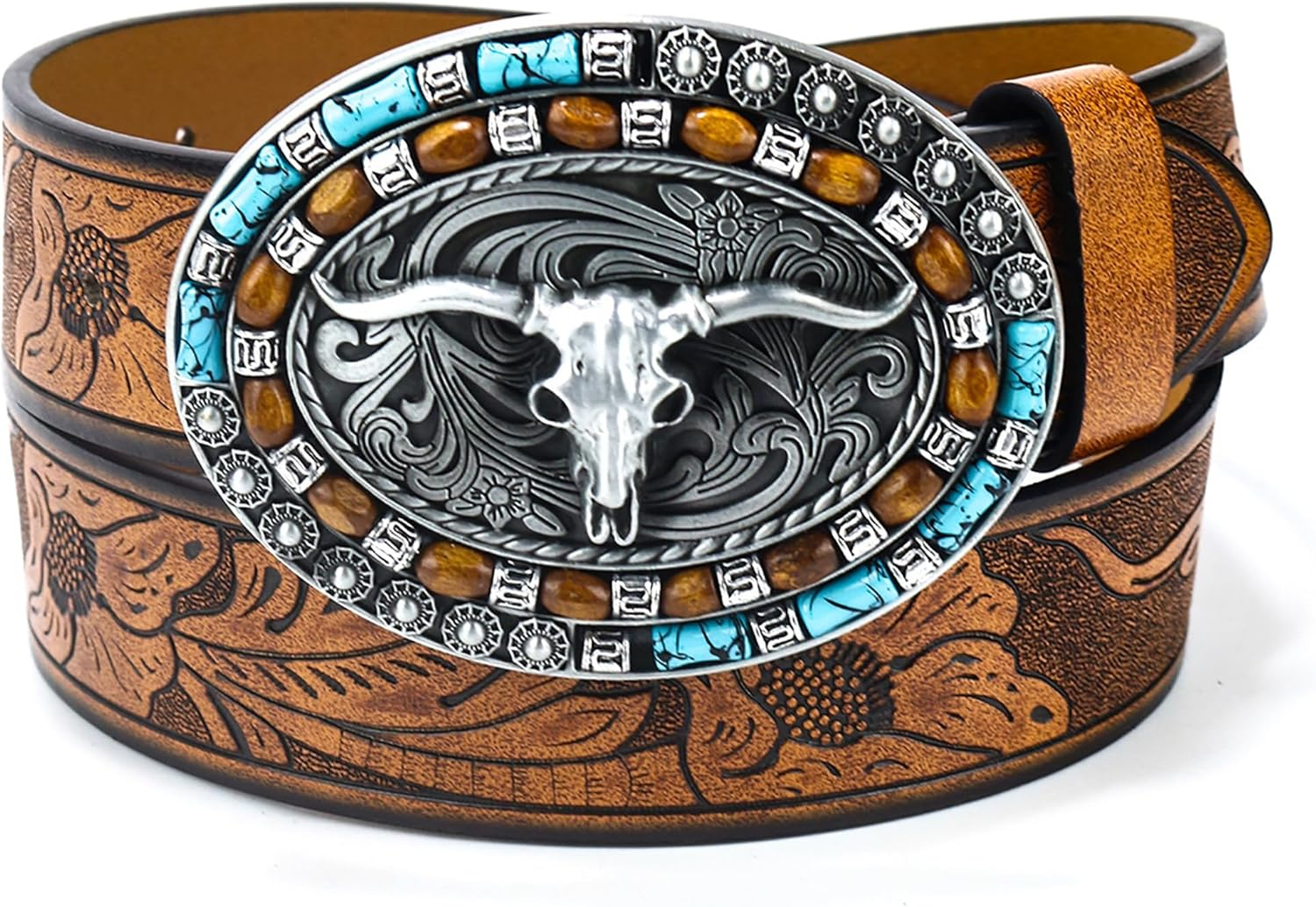 Utaly Western Cowboy Cowgirl Leather Belts - Women Men Turquoise Embossed Waist Belts with Longhorn Bull Buckles