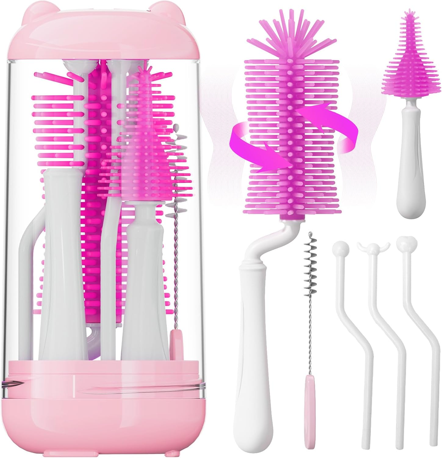 Baby Bottle Brush Set,Travel Bottle Cleaner Kit with UV Light,Silicone Bottle Brush,Nipple Brush,Straw Cleaner,Drying Rack,Baby Bottle Brushes for Cleaning,Baby Essentials for Home and Travel,Orange