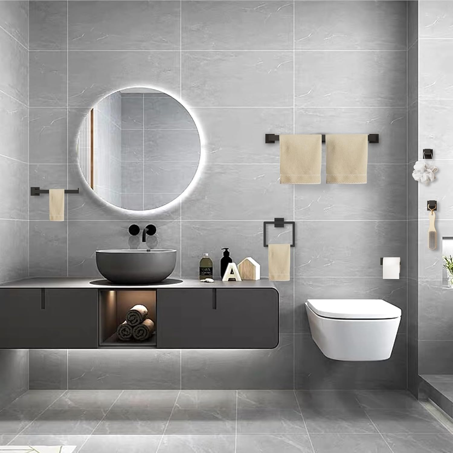 15-Pieces Matte Black Bathroom Accessories Set, 23.6 Inch Bath Towel Bar Set, SUS 304 Stainless Steel Bathroom Hardware Set, Towel Racks for Bathroom Wall Mounted image number 4