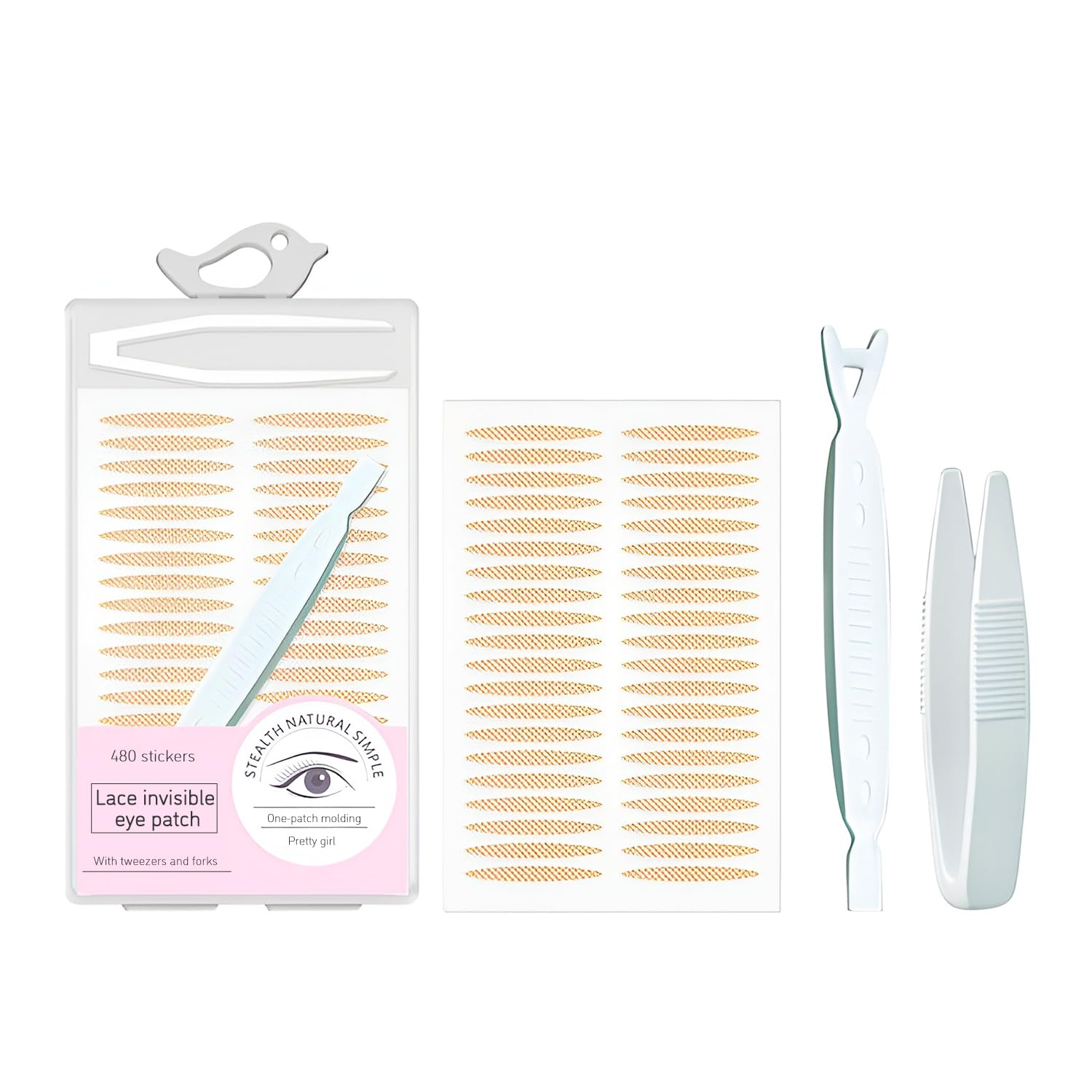 TORMEN 240 Pairs Double Eyelid Lift Strips, Waterproof,Invisible Natural Lace Mesh with Forked Rods and Tweezers for Covered, Droopy, Single Eyelids, Fits Most Eye Shapes(Olive-Shaped)