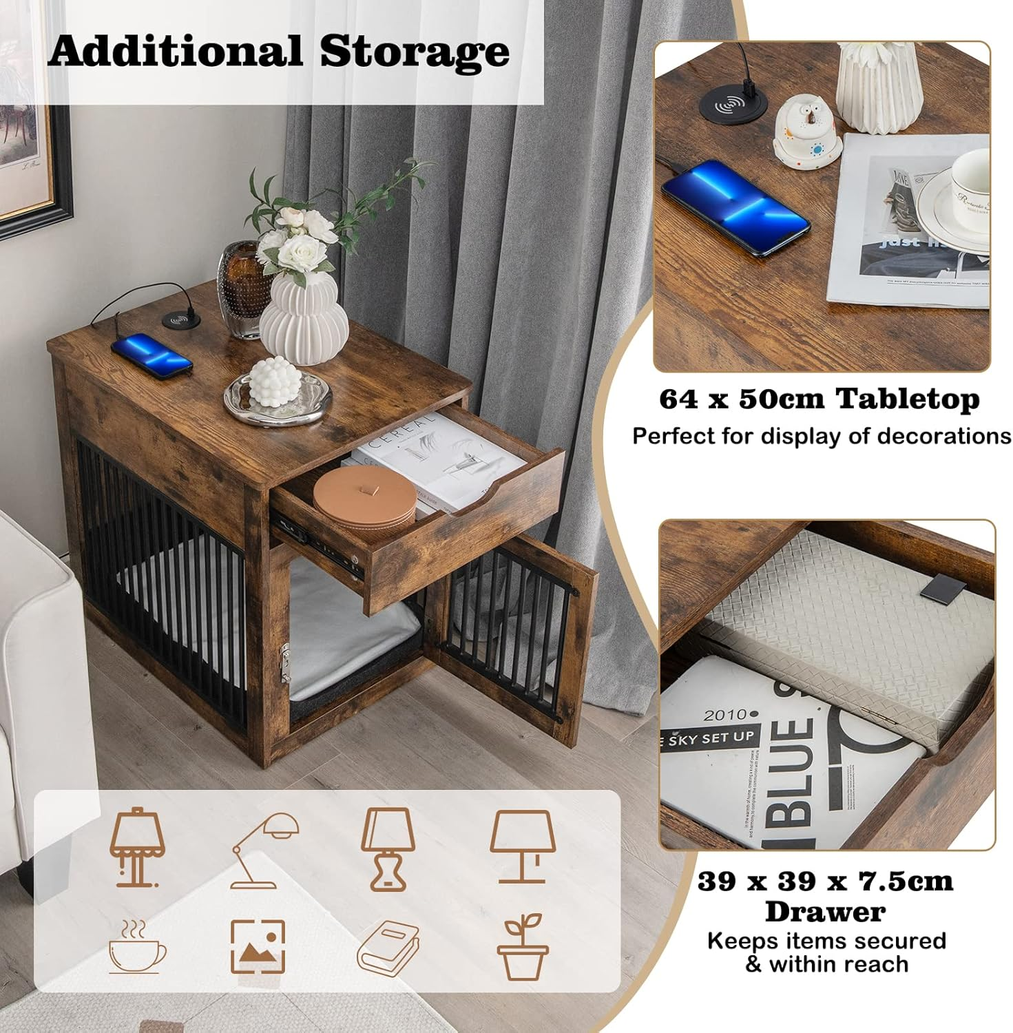 Costway Furniture Style Dog Crate, Decorative Dog Kennel End Table with Wired & Wireless Charging, Washable Cushion, Storage Drawer, Indoor Dog House Side Table for Small Dogs, Rustic Brown image number 3
