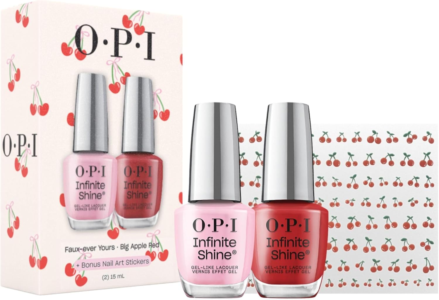 OPI Sweet Cherry Infinite Shine Long Wear Nail Polish Duo, 15 Ml X 2 - Faux-Ever Yours, Big Apple Red & Bonus Nail Art Stickers image number 1