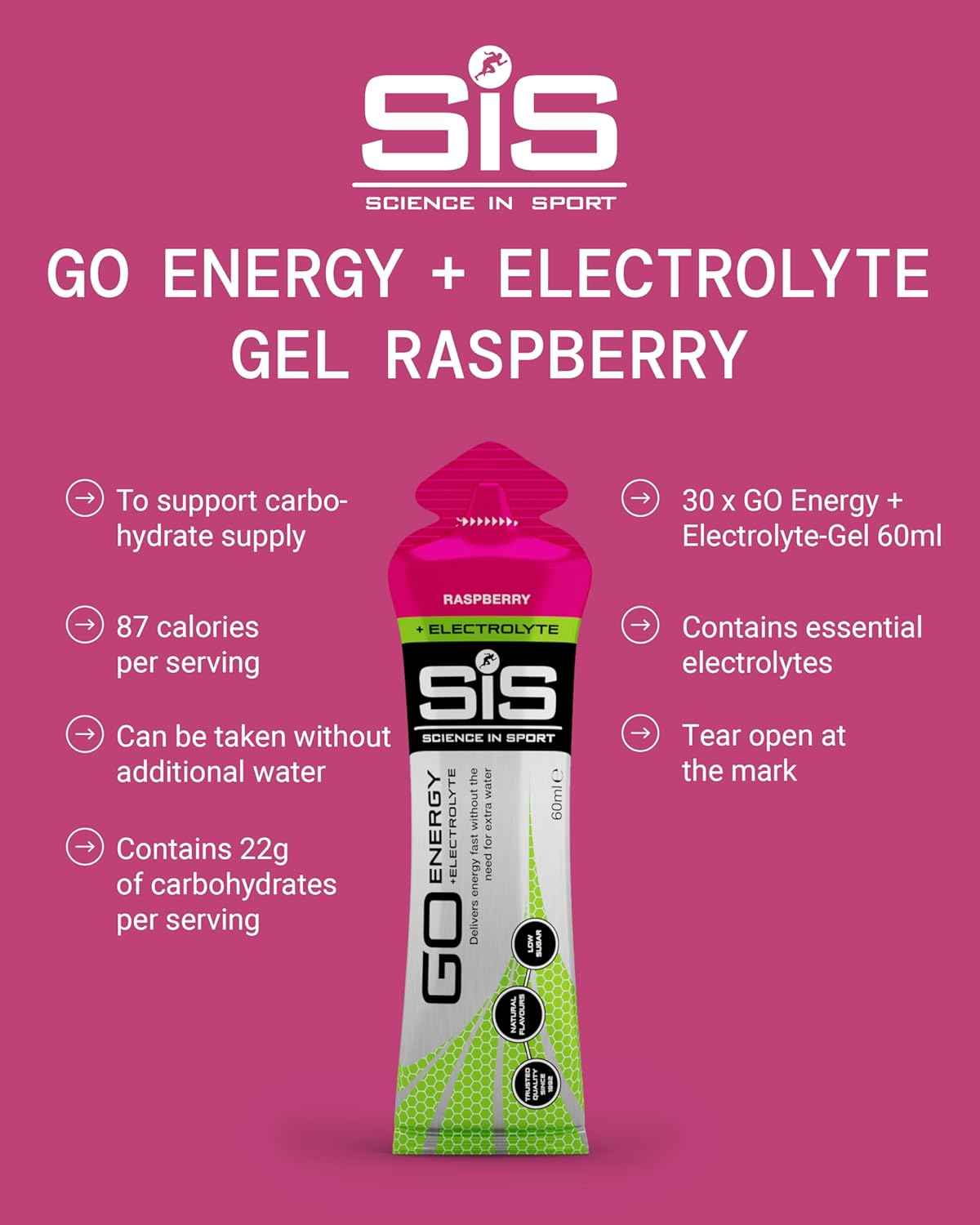 SIS Go Isotonic Energy Gel with Electrolytes - Nutrition Gel Supports Performance & Hydration for Running & Cycling - Raspberry Flavour, 60Ml, Pack of 30 image number 4