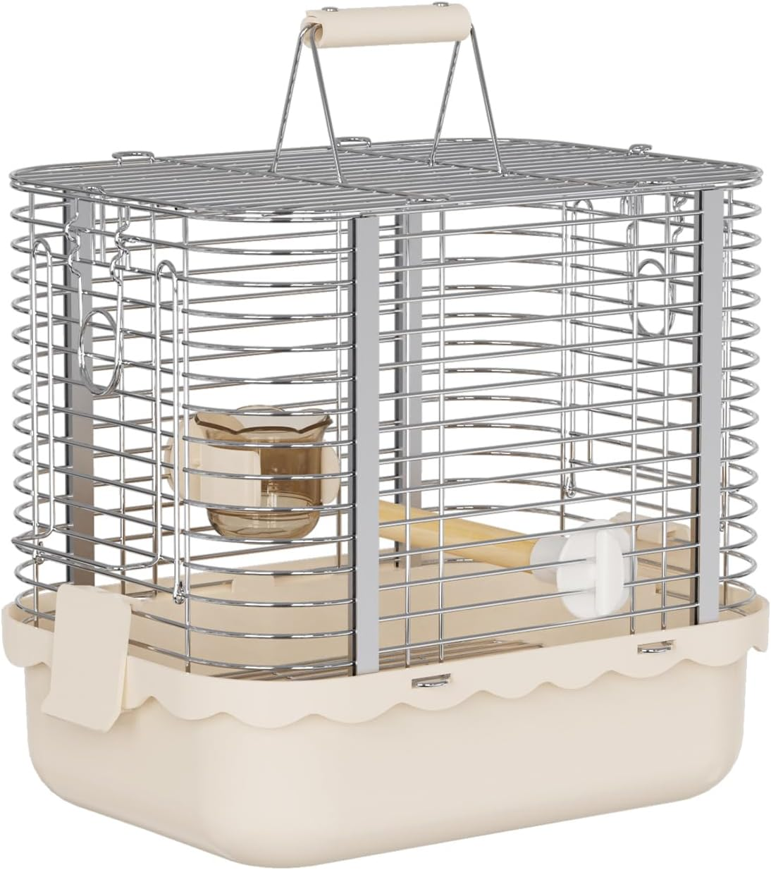 Bird Carrier Travel Cage, Durable Portable Stainless Steel Birdcage with Bird Perch & Feeding Bowl for Parrots Canaries Budgies Lovebirds Conures Cockatiels (Large White)