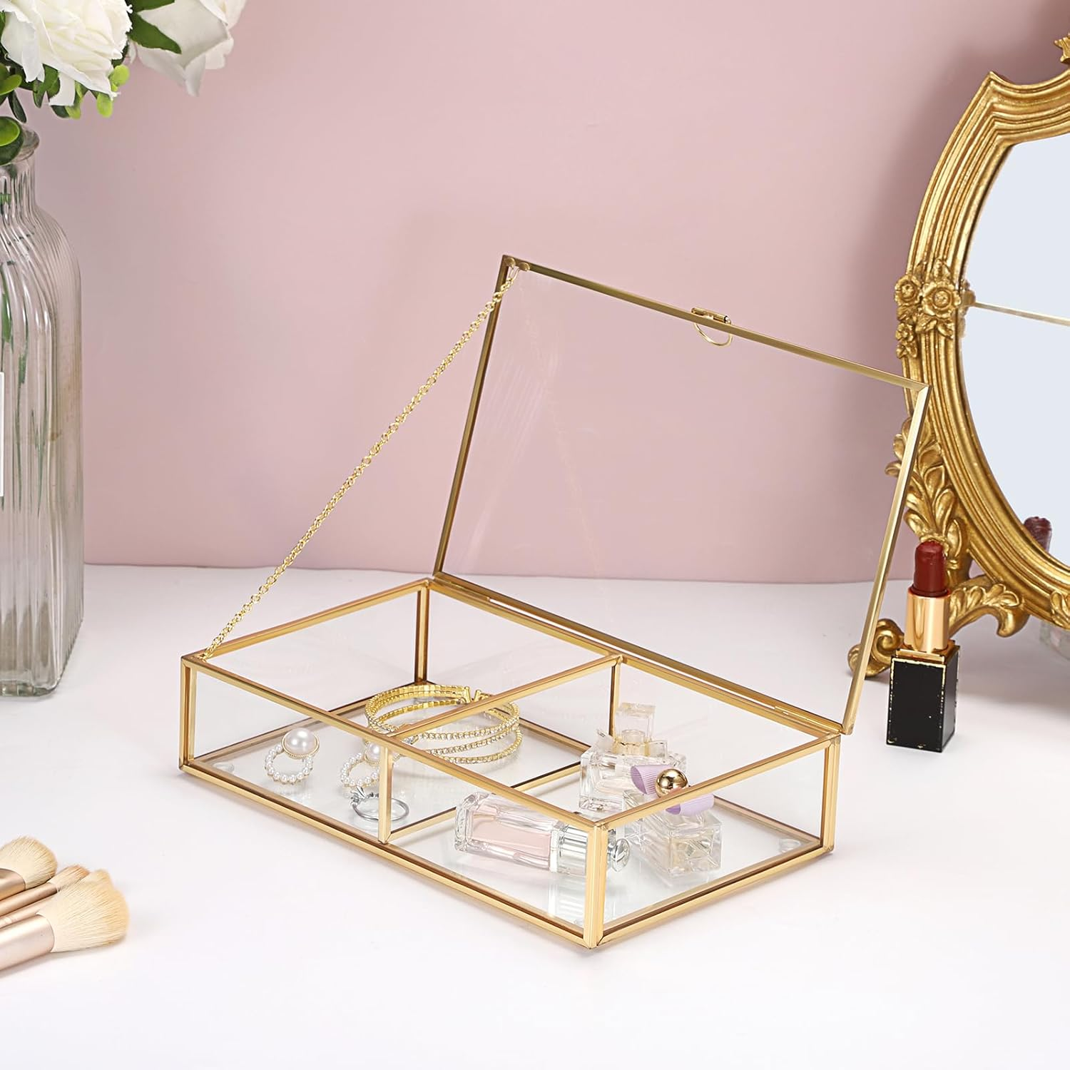 Hipiwe 2 Slots Vintage Glass Keepsake Box Polaroid Photo Storage Box Decorative Photo Organizer