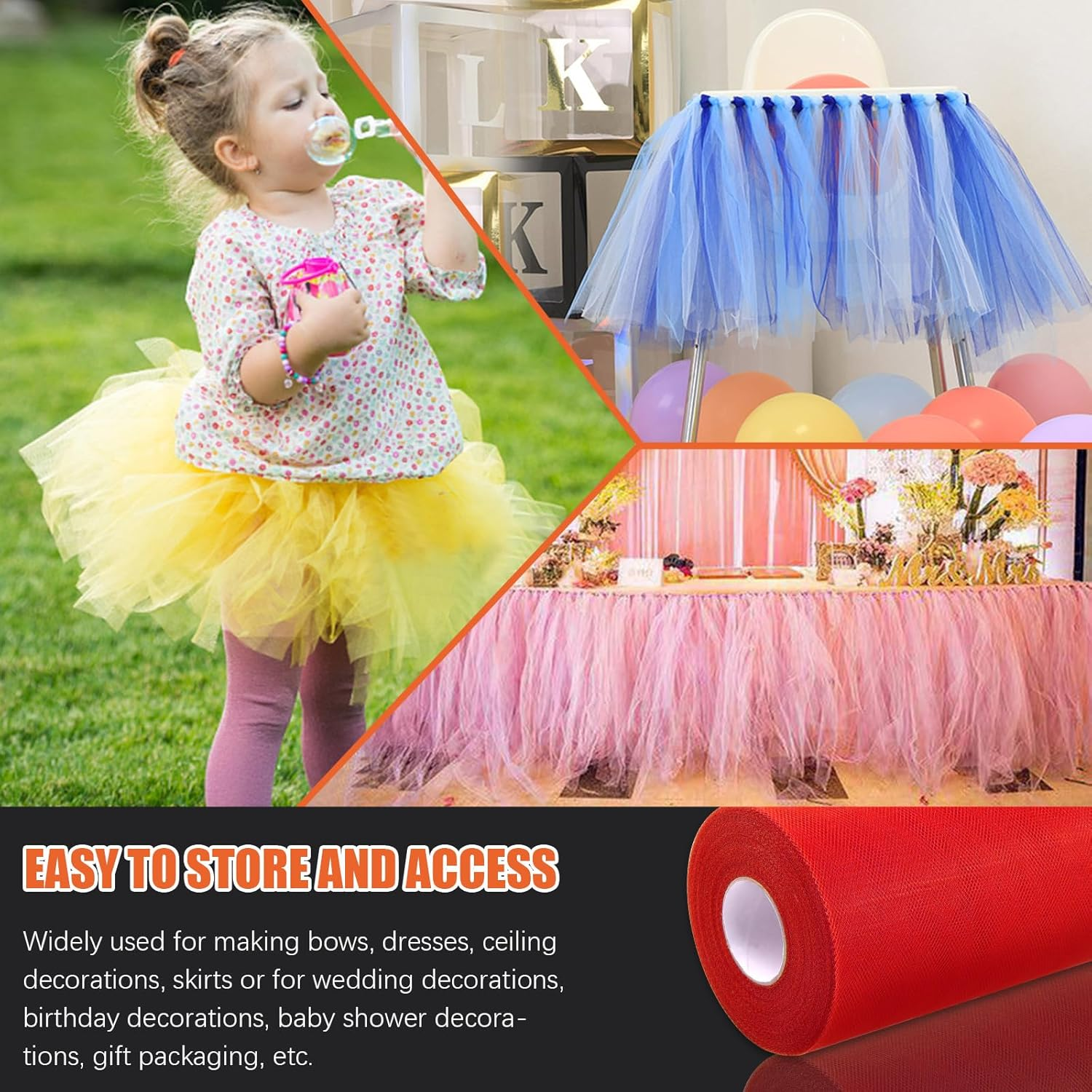 Tanstic 1Pc Red Tulle Fabric Roll, 6 Inch X 100 Yards Tulle Ribbon Fabric Spool Fabric Tulle Roll for DIY Tutu Bow, Birthday Party Wedding Decorations - Black image number 4