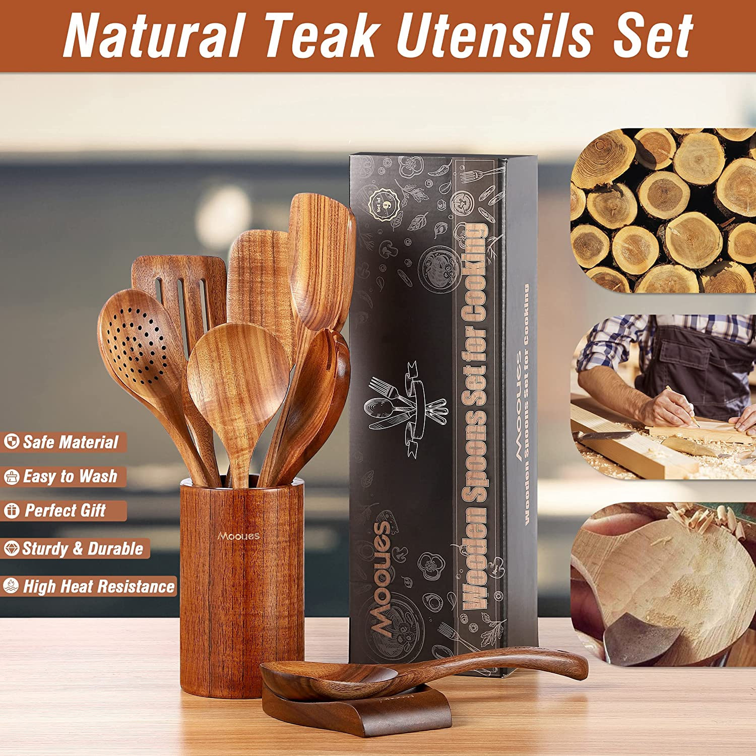 Mooues 9 Piece Natural Teak Wooden Kitchen Utensil Set with Spoon Rest - Comfort Grip Cooking Spoons and Utensils Holder image number 1
