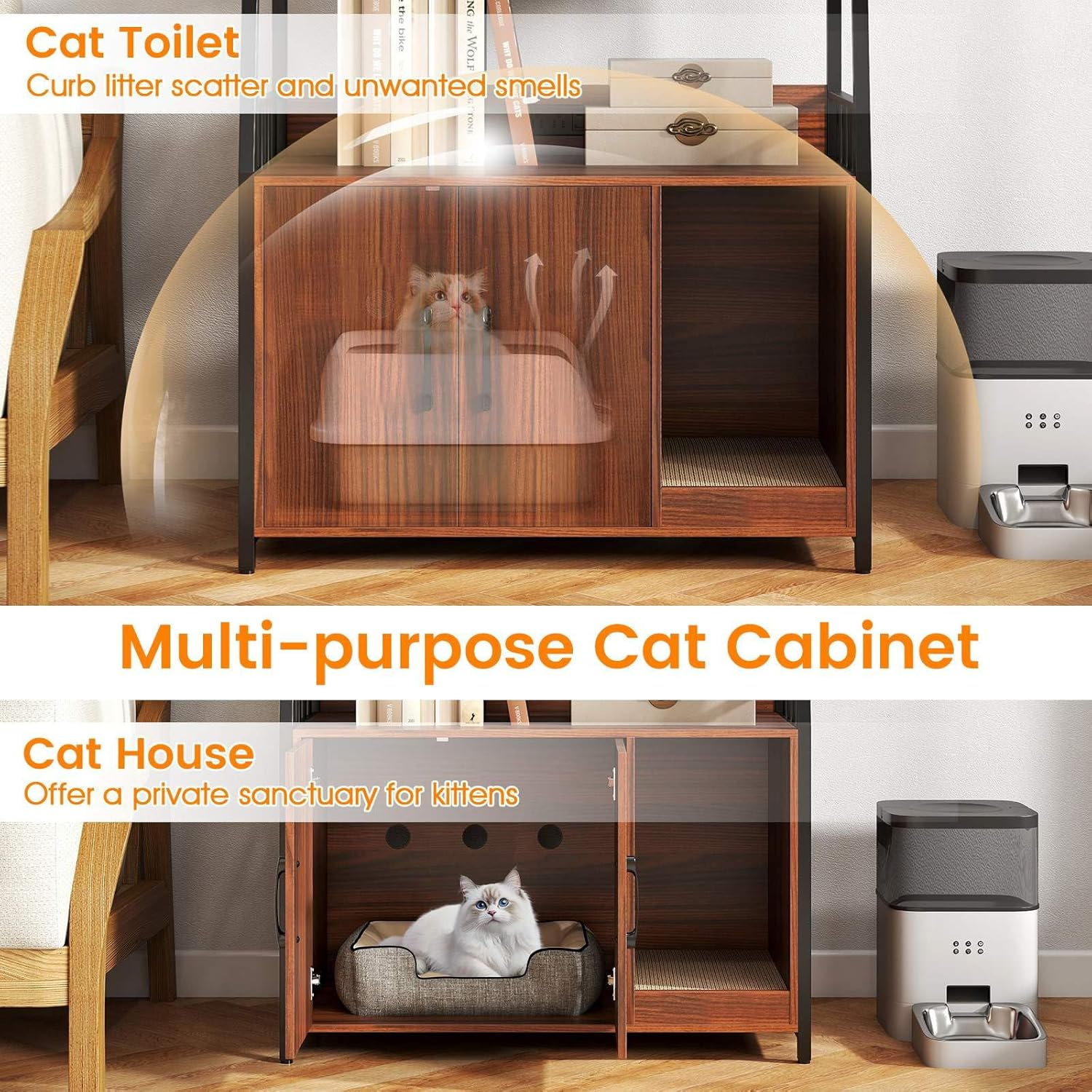 Costway Cat Litter Box Enclosure with Storage Shelves, Large Hidden Cat Washroom Furniture with Scratching Pad, Charging Station, Winding Entry, Indoor Tall Pet Cabinet Corner Shelf (Walnut + Black) - Walnut + Black image number 6