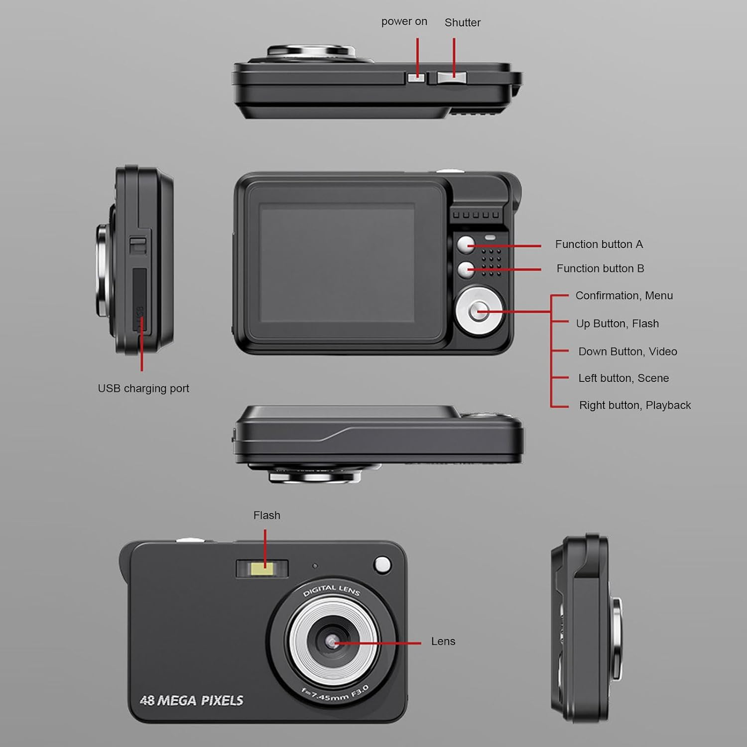 Dpofirs 4K Digital Camera, 8X Zoom, 48MP, Black, USB, SD Card, Digital Zoom, Auto Focus, Built-In Flash, 2.7 Inch TFT Display, HD Photo & Video, for Travel, Vlogging & Selfie image number 5