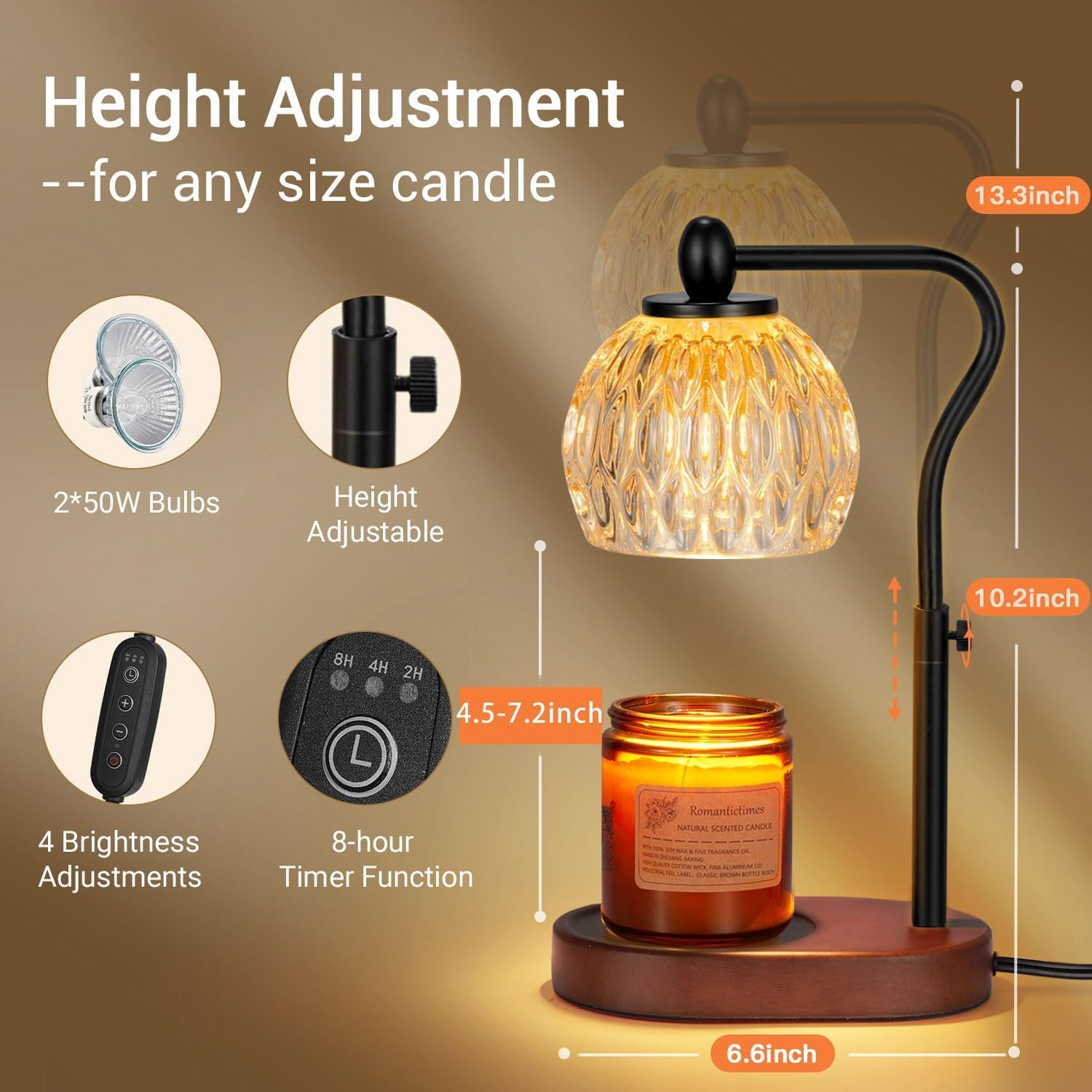 Candle Warmer Lamp Australia, Adjustable Height Candle Warmer with 2 Bulbs for Jar Candles, Dimmable and Timer, Home D&eacute;cor Products for Halloween Christmas Mother'S Day Birthday Women & Mom Gifts image number 1