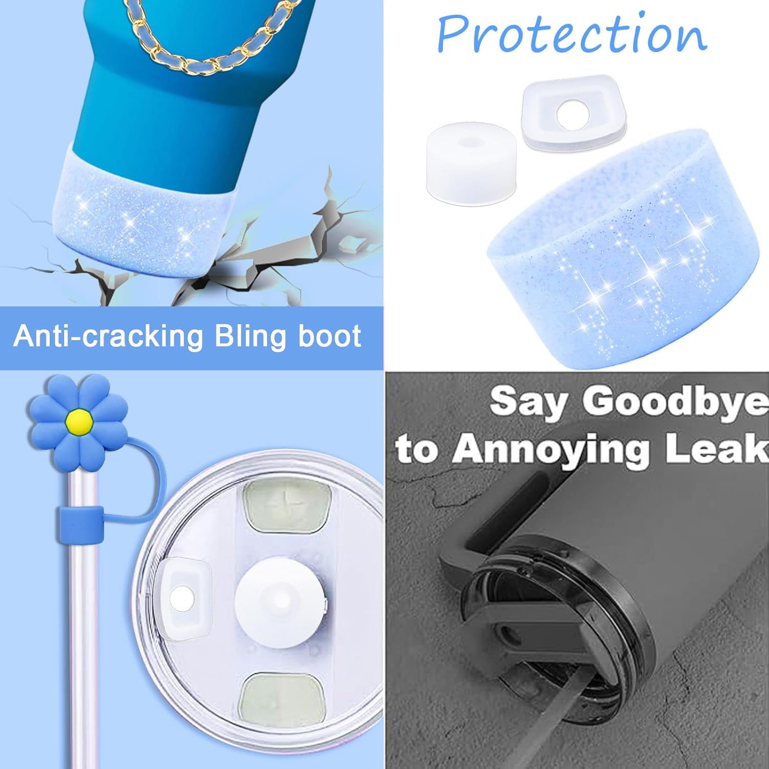 12PCS Bling Stanley Cup Accessories for 30Oz & 40Oz Tumbler with Handle,Including Leather Handle Strap,Straw Bow Decorate,Straw Topper Cover,Boot,Spill Proof Stoppers,Sticker (Blue) image number 5