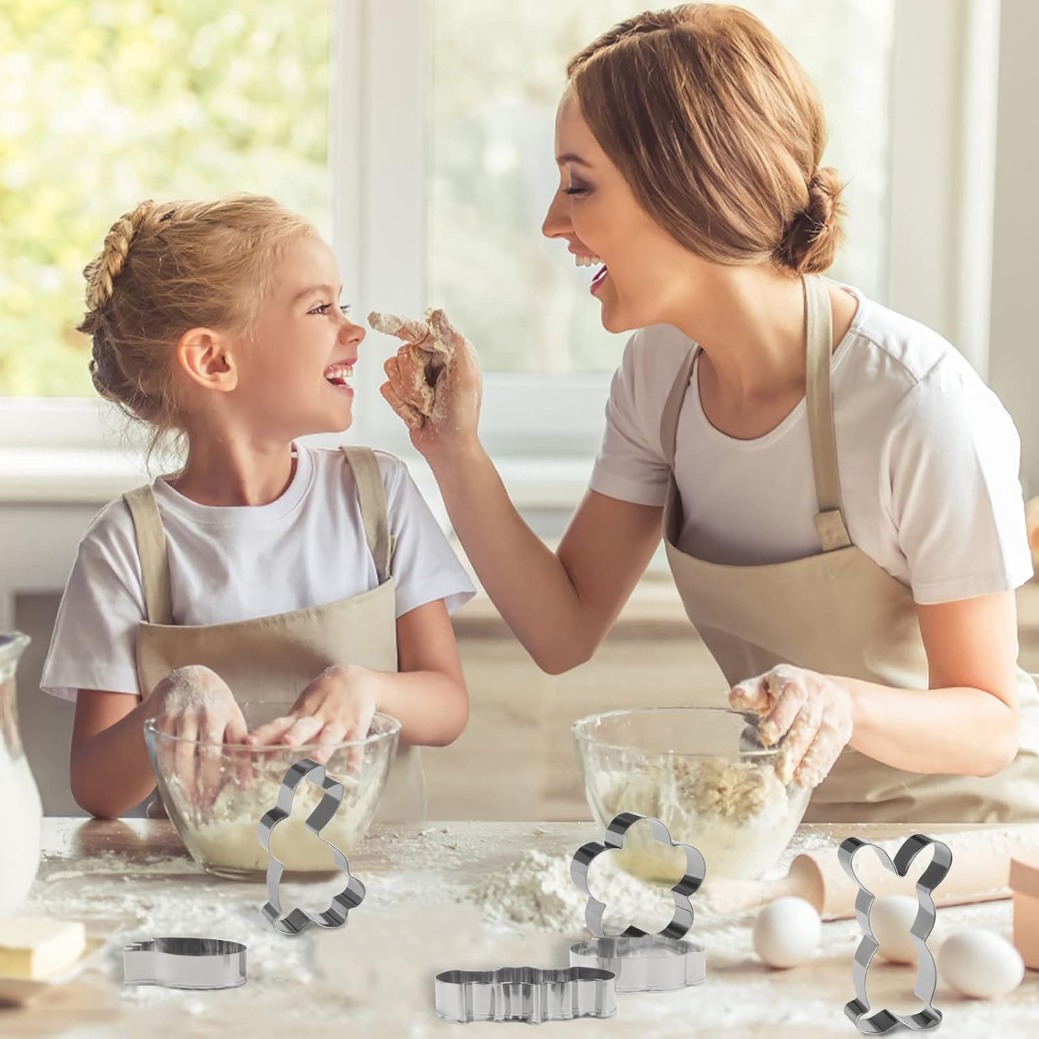 DERAYEE Easter Bunny Cookie Cutters, 7 Pack Easter Cookie Cutter for Baking Egg Cookie Cutter, Egg, Chick, Carrot, Flower, Butterfly Shapes image number 2