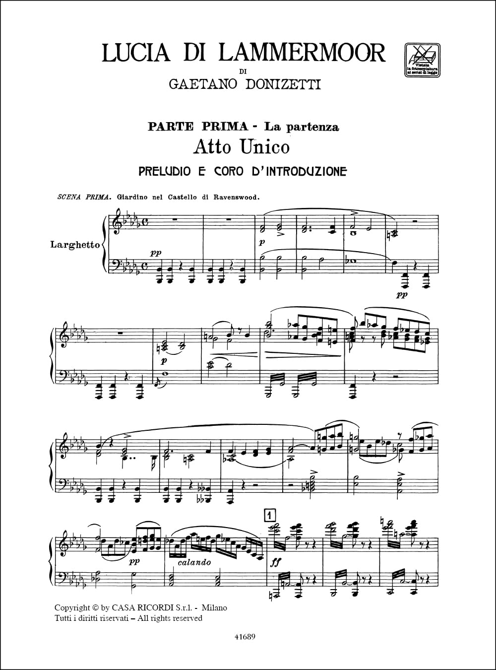 Lucia Di Lammermoor: Opera Completa per Canto E Pianoforte