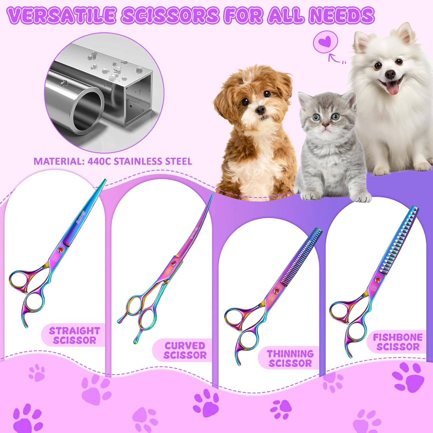 Moontay Professional 7.0" Pet Grooming Scissors Set, 4-Pieces 440C Japanese Steel Straight & Curved & Thinning & Chunker Shears/Scissors with 1 Grooming Comb for Dog Cat and More Pets, Multicolour image number 2