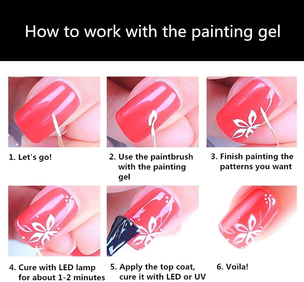 12 Colors Nail Painting Gel for Nail Drawing Lines Striping Painting Flowers Patterns Nail Art Set Nail Design Gel Polish UV LED for Nails Manicure Kit, White Black Blue Green Yellow Orange Pink image number 2