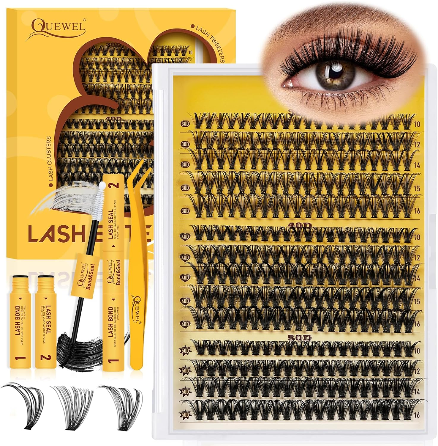 QUEWEL Lash Clusters 320Pcs 40D D Curl Mix9-16Mm Individual Eyelashes Clusters Wispy DIY Eyelash Extension Thin Band Soft Black Cruelty-Free Cluster Lashes