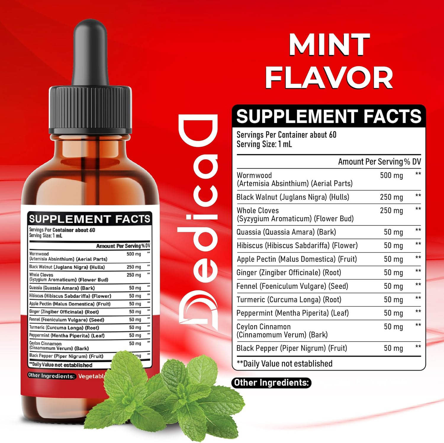 12In1 Wormwood Liquid Drops Added Black Walnut, Whole Cloves and 9 More Herbs - 2 Fl Oz - 60 Days Supply - Mint Flavor image number 2