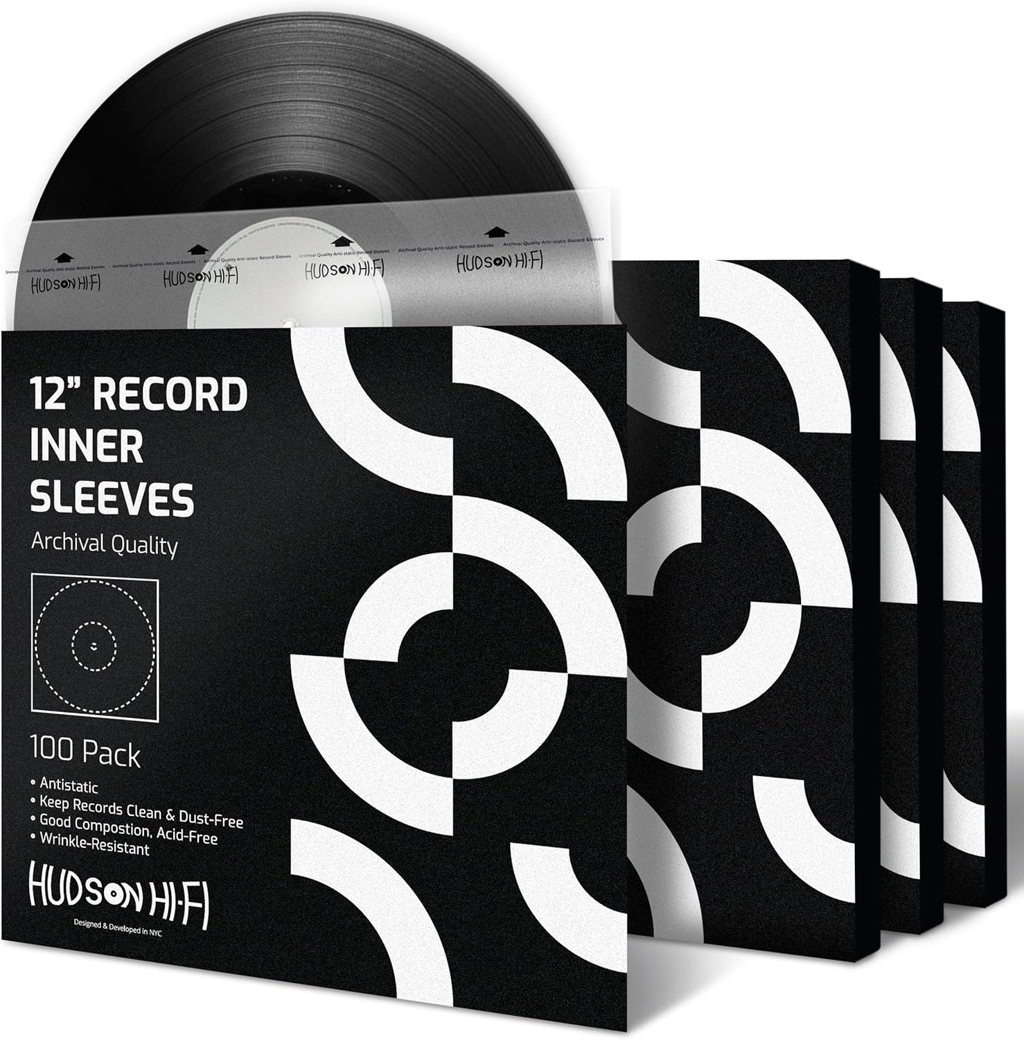 Hudson Hi-Fi Anti-Static Vinyl Record Inner Sleeves - Protective Vinyl Record Inner Sleeve 100- Pack - Protect Your LP Albums from Scratches, Dust & Dirt - Acid-Free Rice Paper Interior Disc Covers