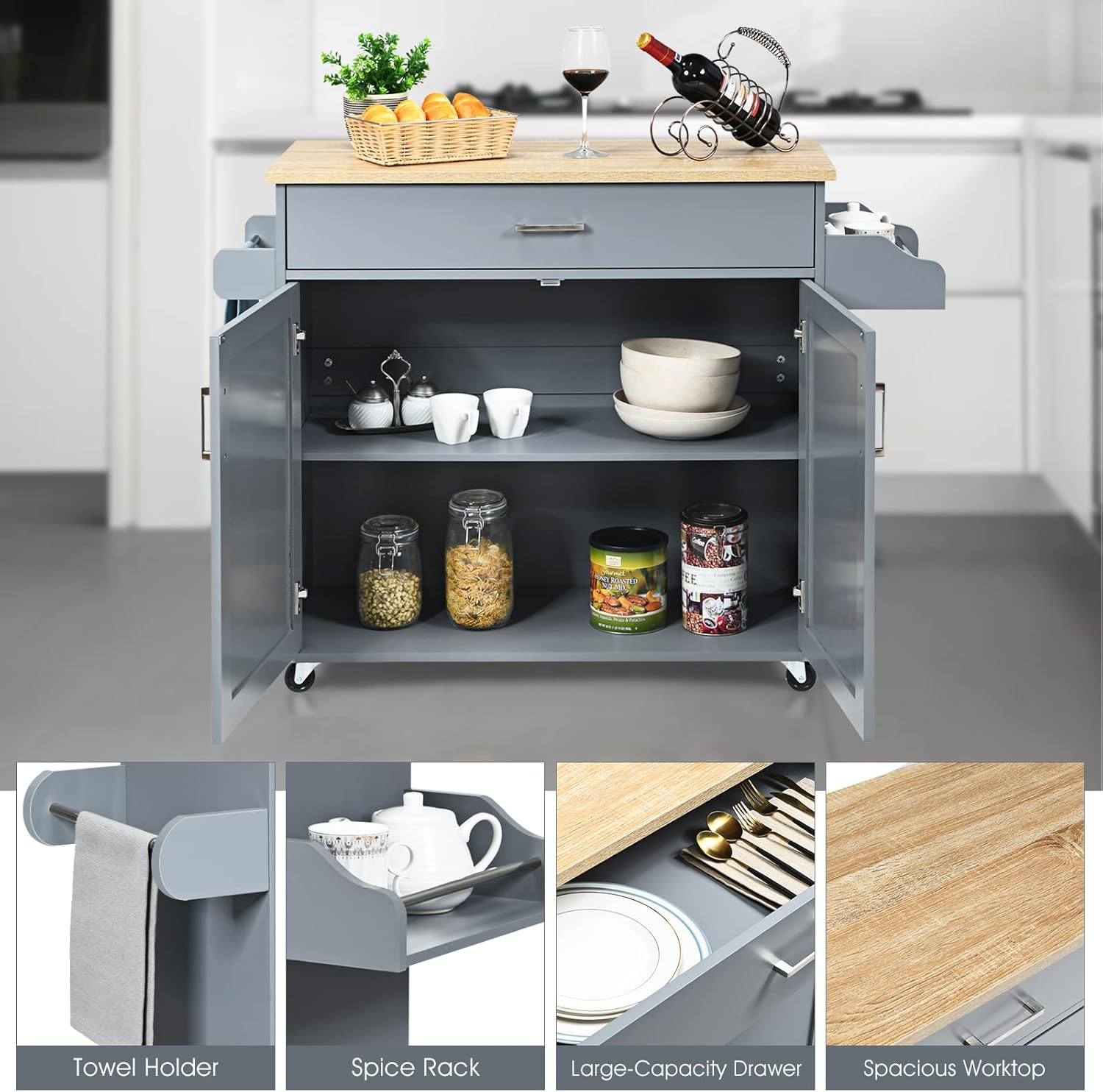 Costway Rolling Kitchen Island Cart with Storage, Serving Trolley Cart with Towel Rack, 3-Level Adjustable Shelf & Lockable Wheels, Mobile Island Table, Organizer Furniture (Grey) image number 4