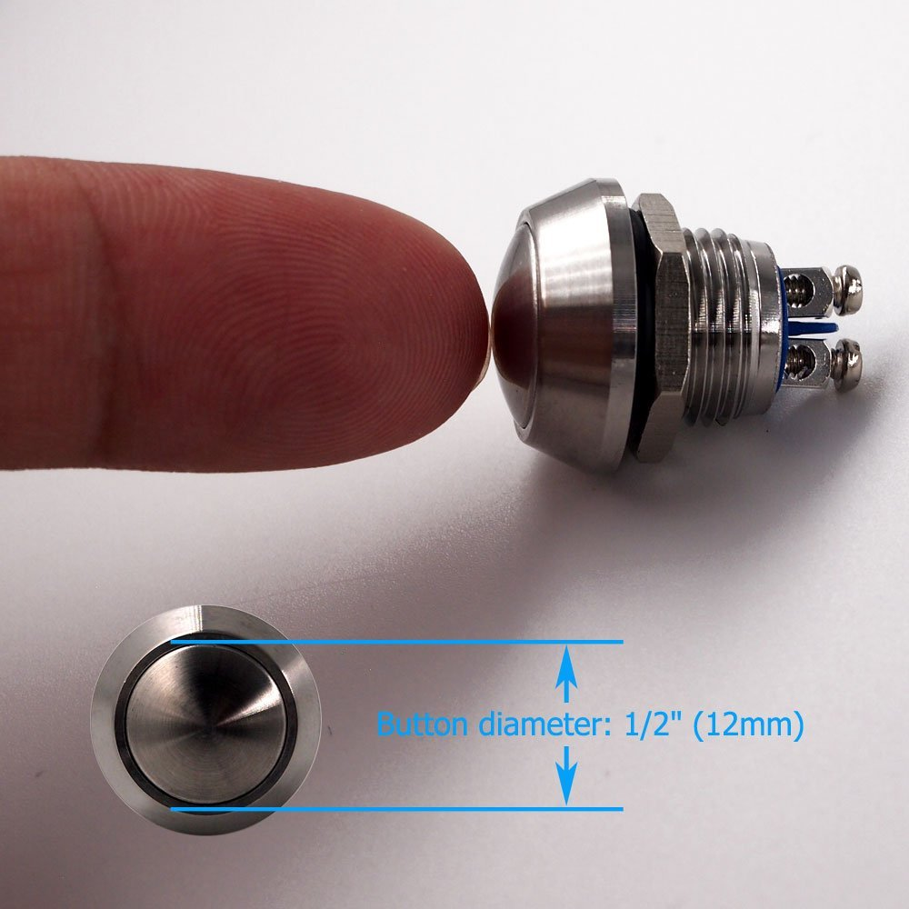 Momentary Push Button Switch, URTONE UR123, 1NO SPST DC/AC 36V 2A Stainless Steel Metal Shell Suitable for 12Mm 1/2" Mounting Hole - Silver image number 5